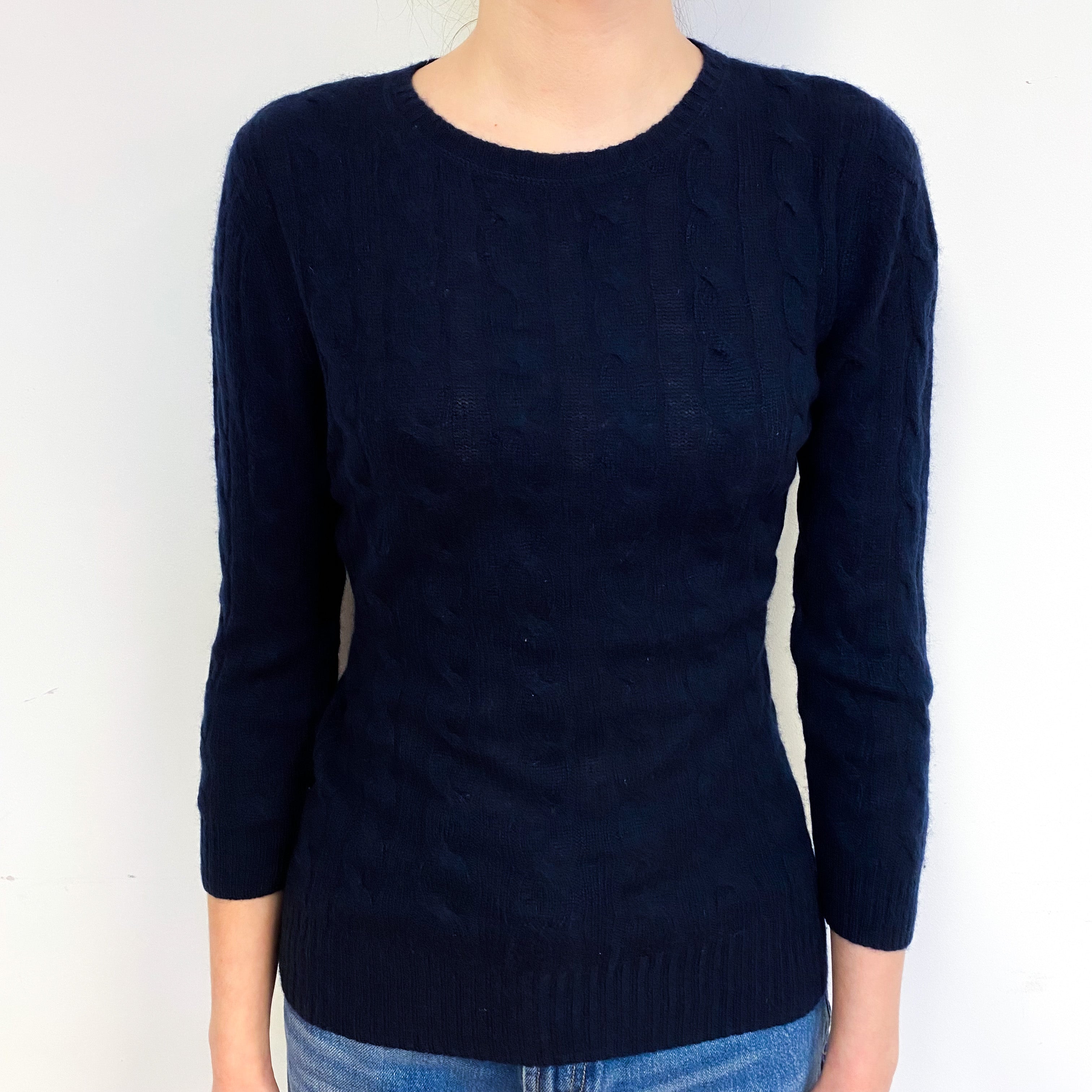 Navy Blue Cable Lightweight Cashmere Crew Neck Jumper Extra Small