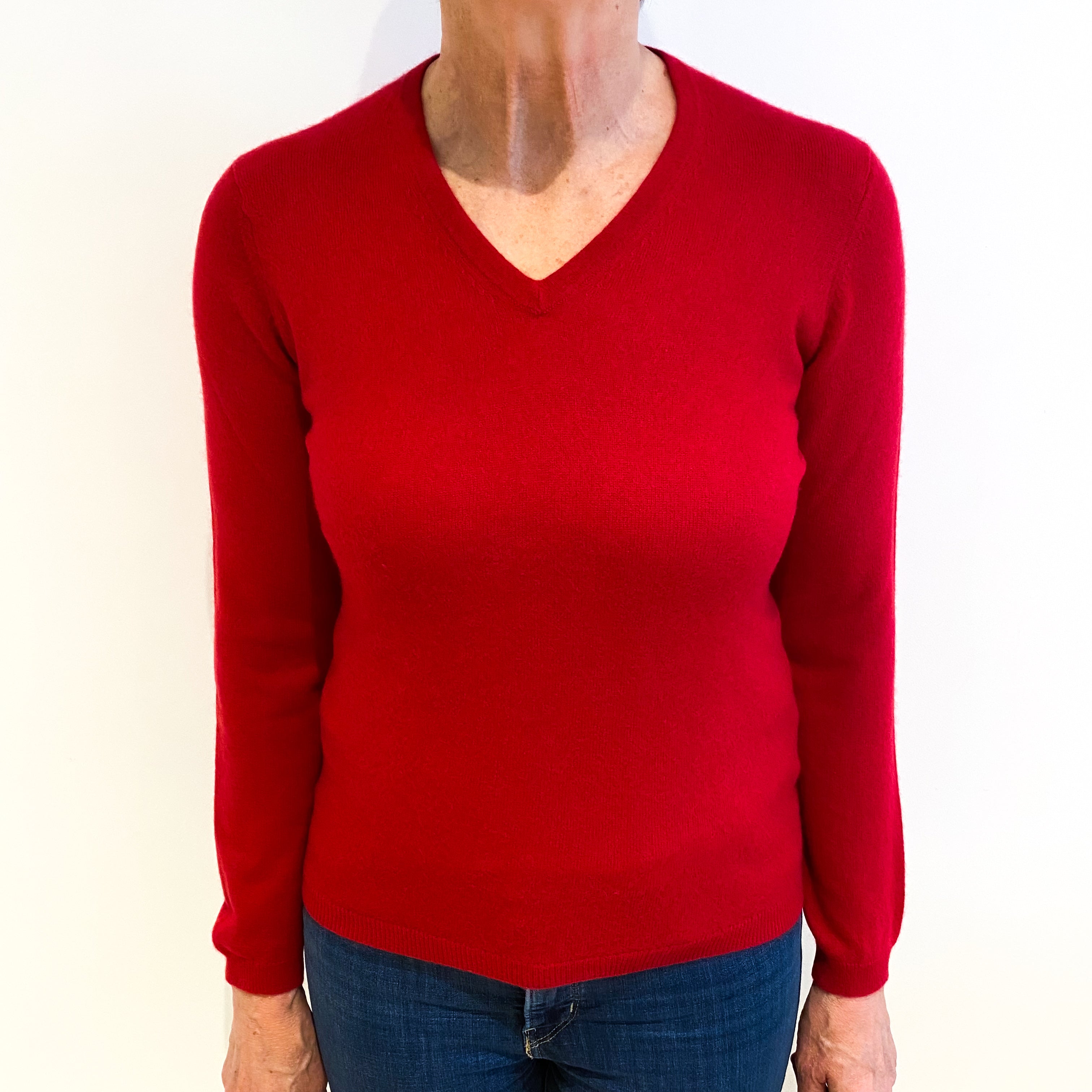 Post Box Red Cashmere V Neck Jumper Medium