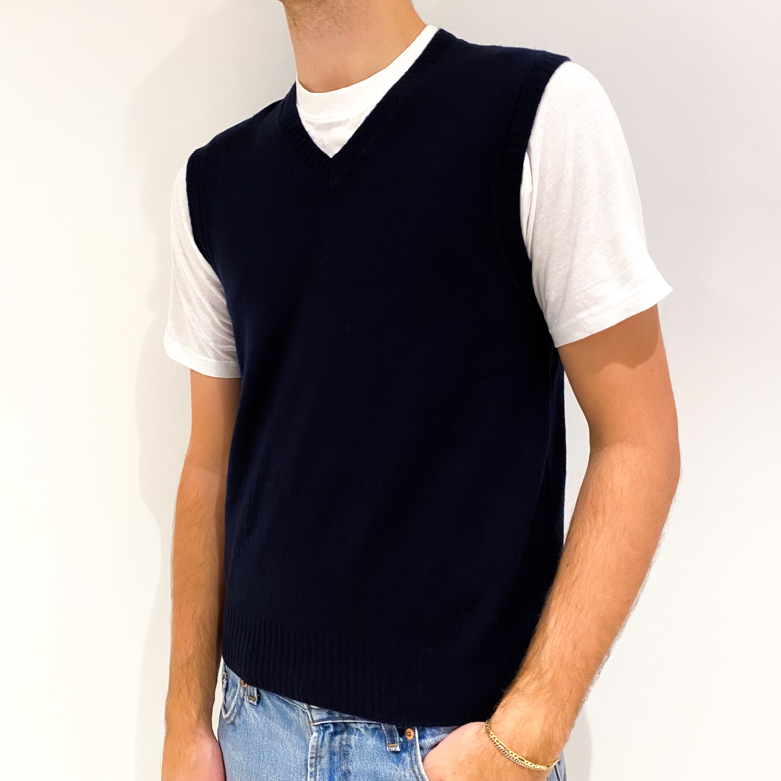 Men's Navy Blue Cashmere V-Neck Tank Top Jumper Medium