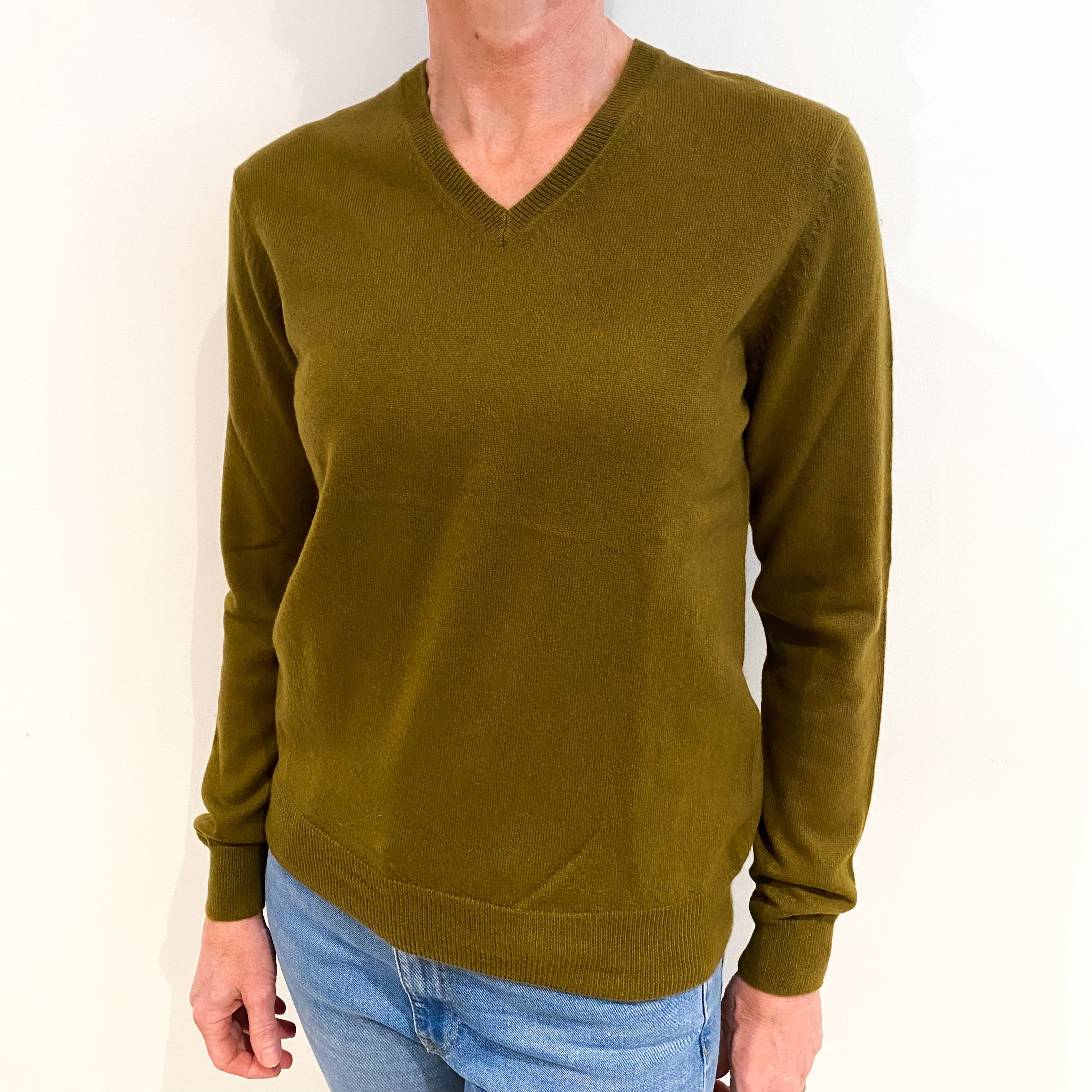 Olive Green Cashmere V Neck Jumper Small