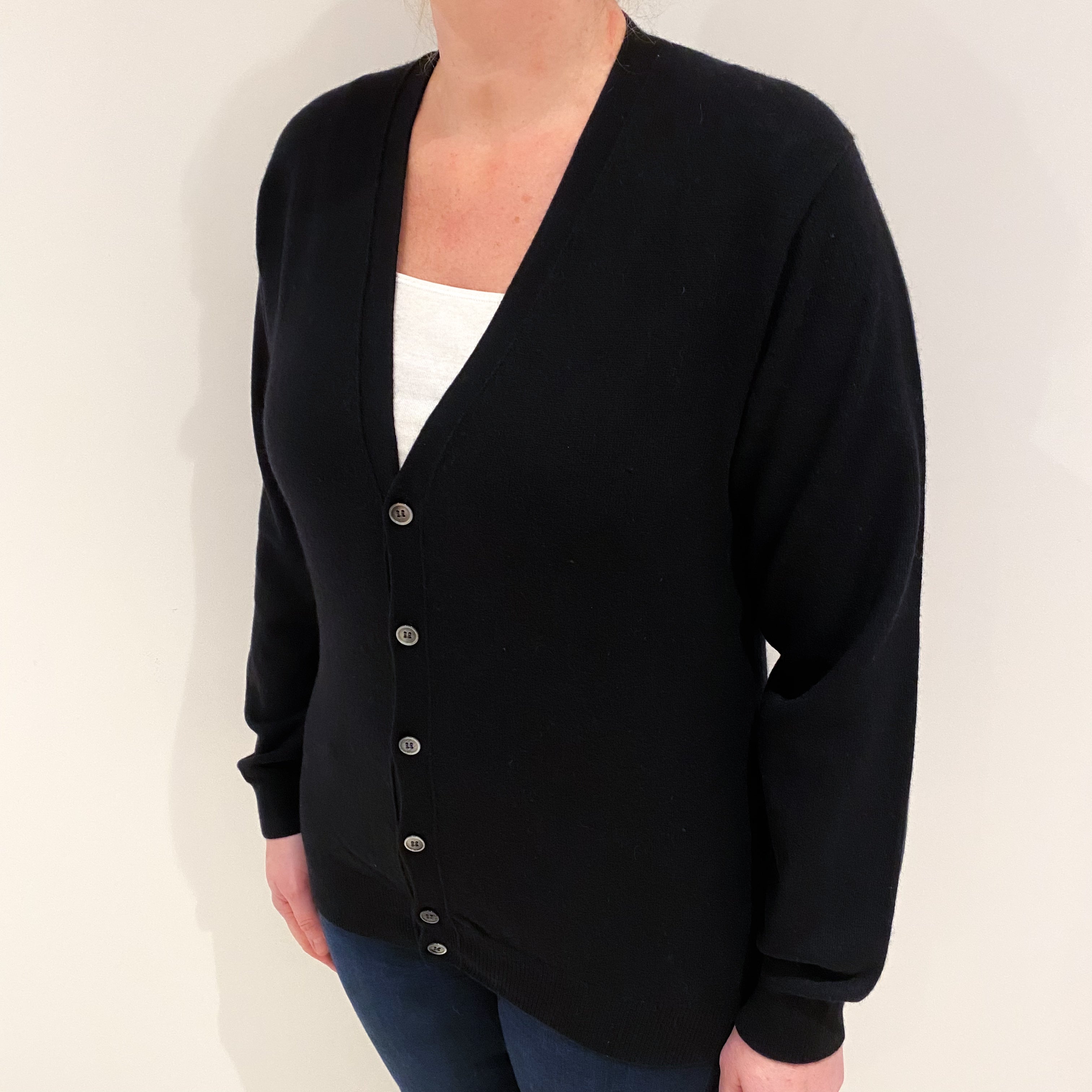 Black Cashmere V Neck Cardigan Large