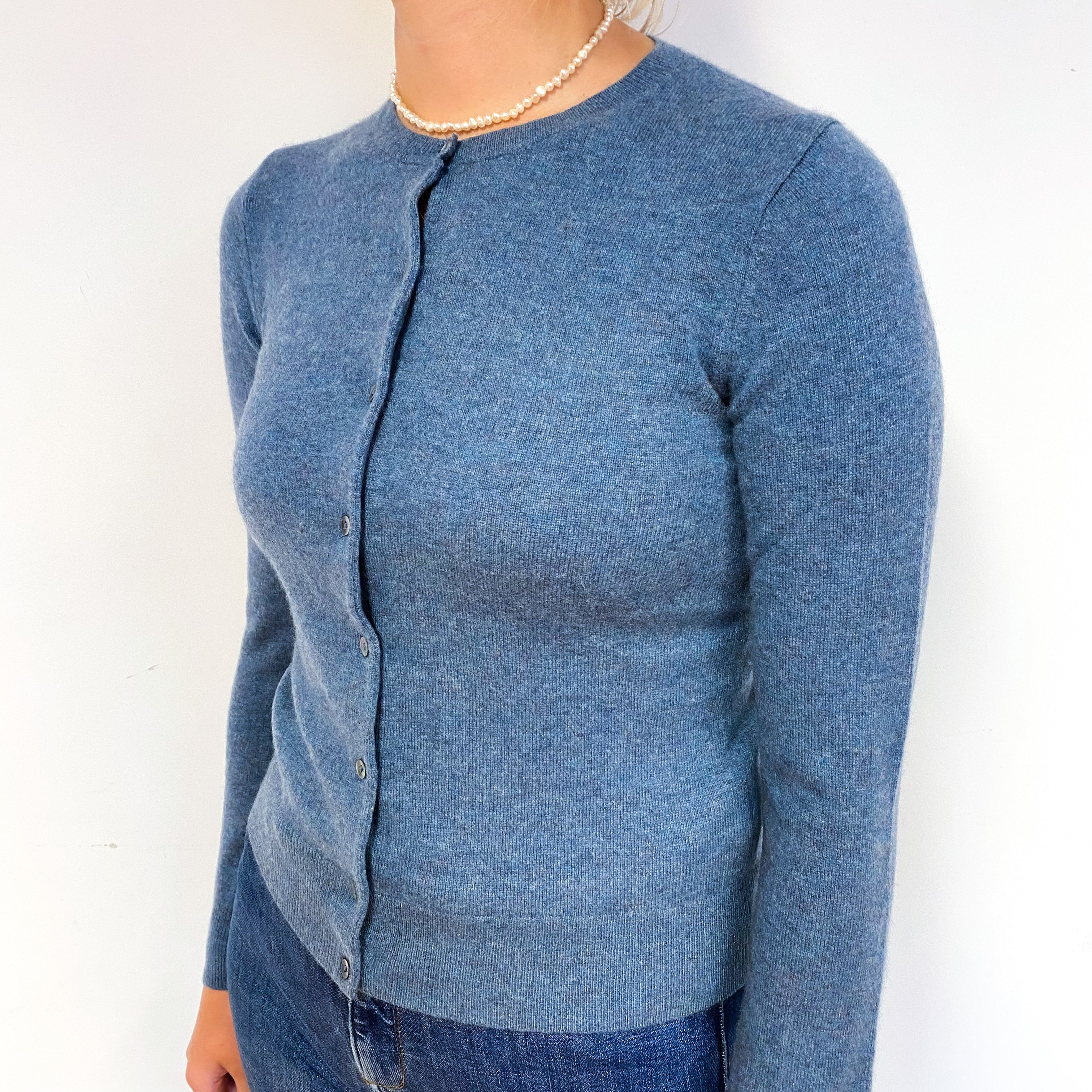 Deep Denim Blue Cashmere Crew Neck Cardigan Small