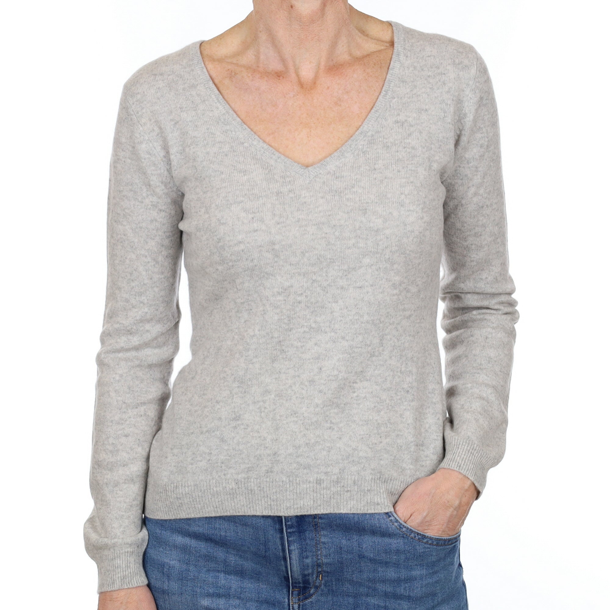 Mist Grey Cashmere V Neck Jumper Small