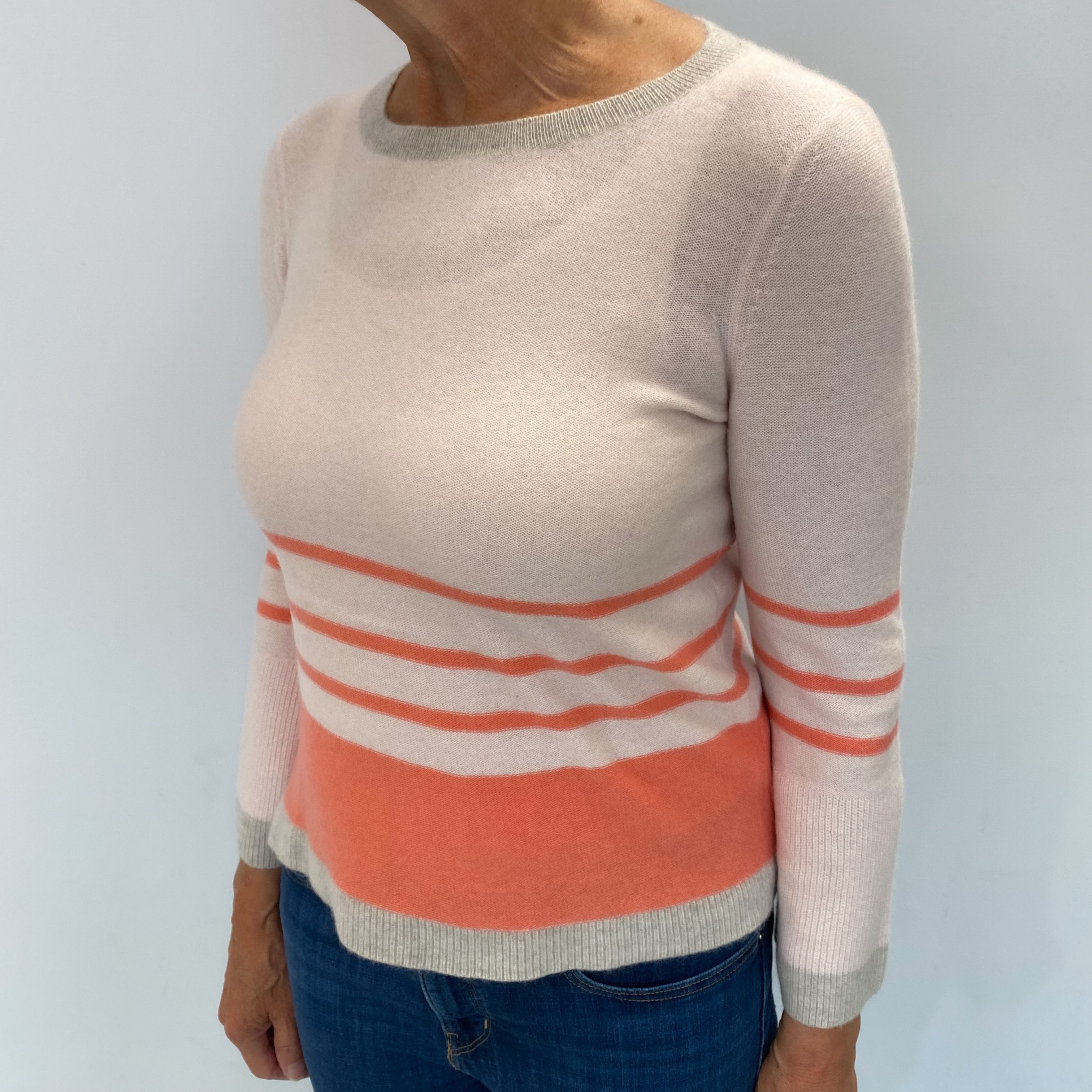 Palest Pink Coral Stripe Cashmere Crew Neck Jumper Medium