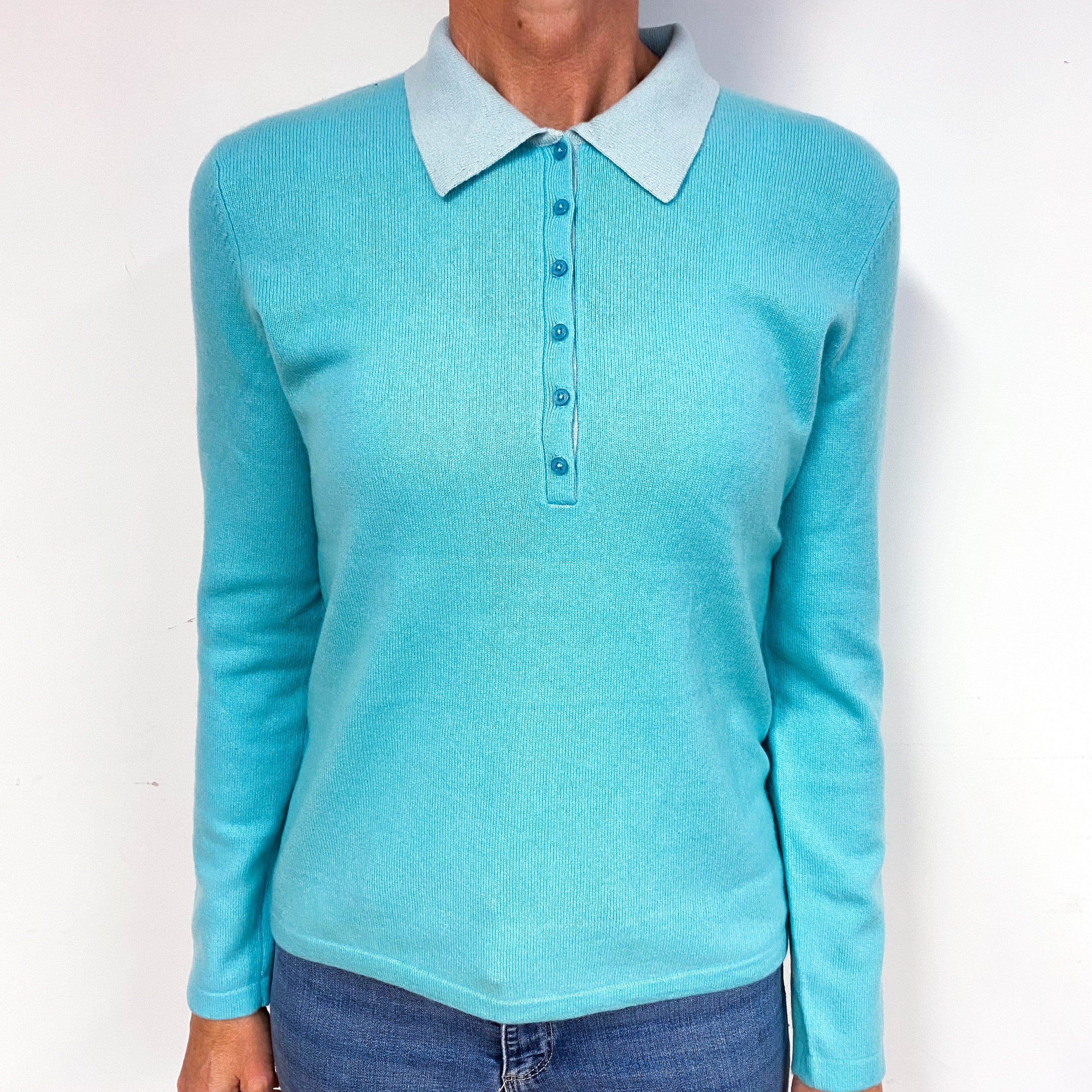 Pale Turquoise Cashmere Buttoned Jumper with Collar Medium