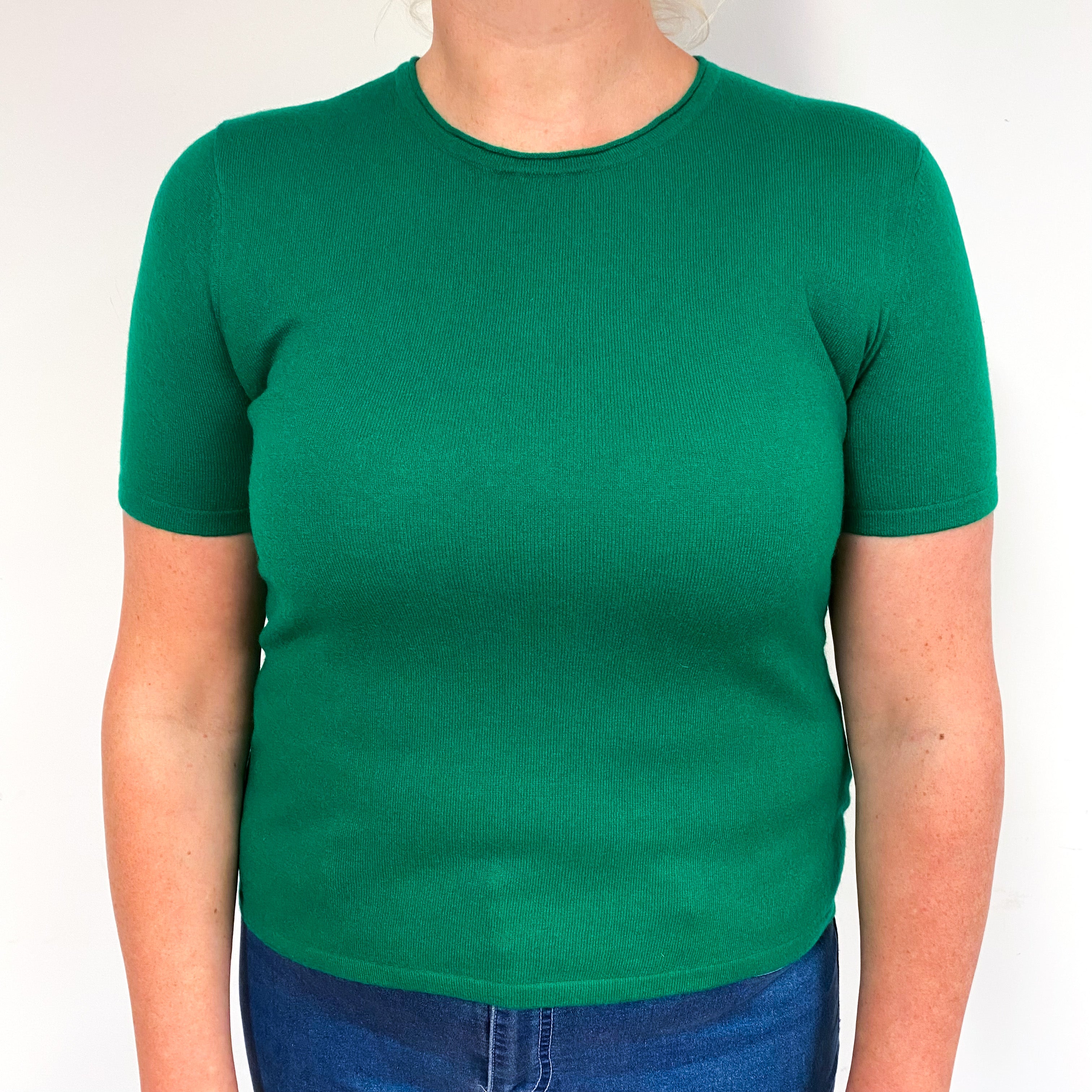 Jade Green Fine Knit Cashmere Short Sleeve Jumper Large