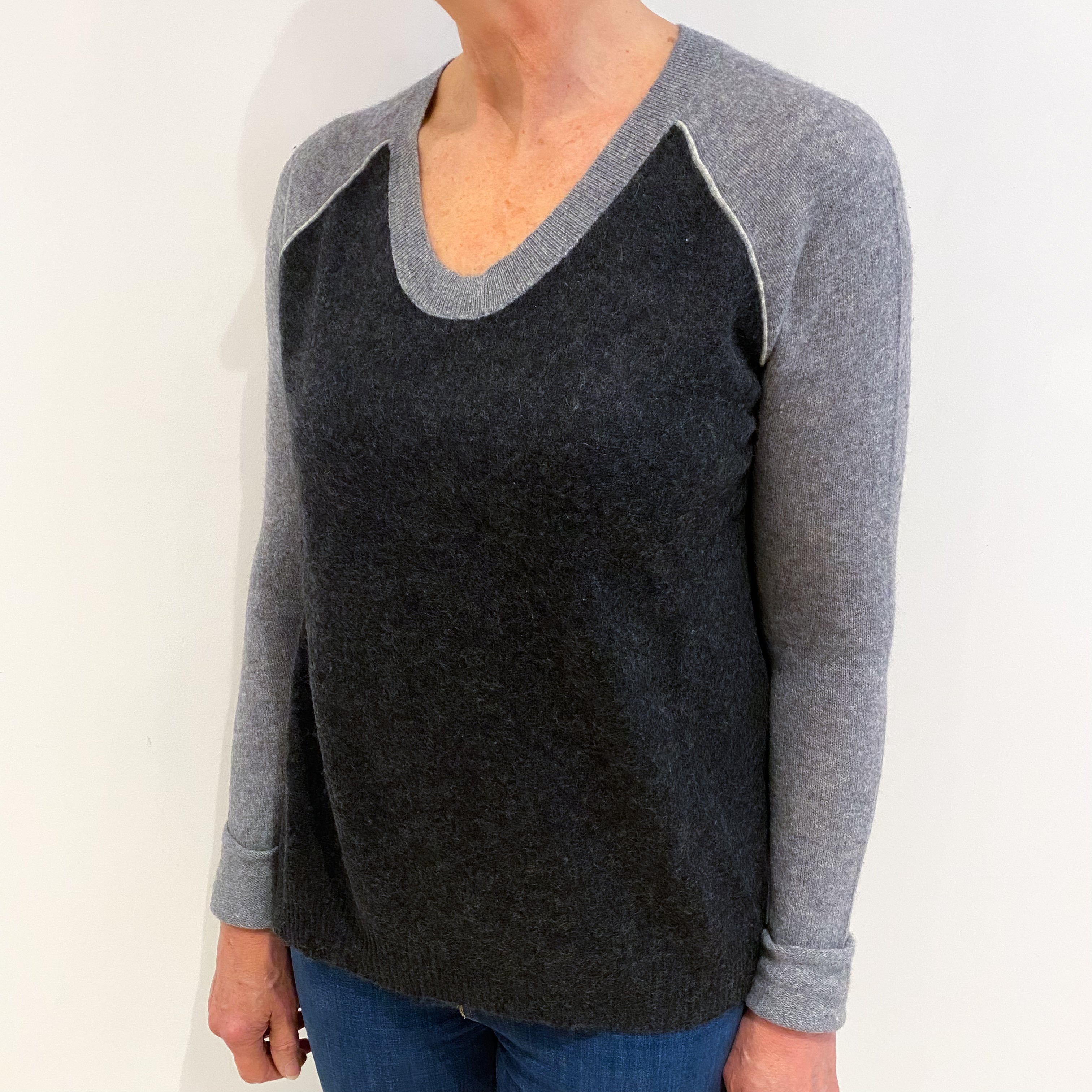 Charcoal And Ash Grey Cashmere V Neck Jumper Medium