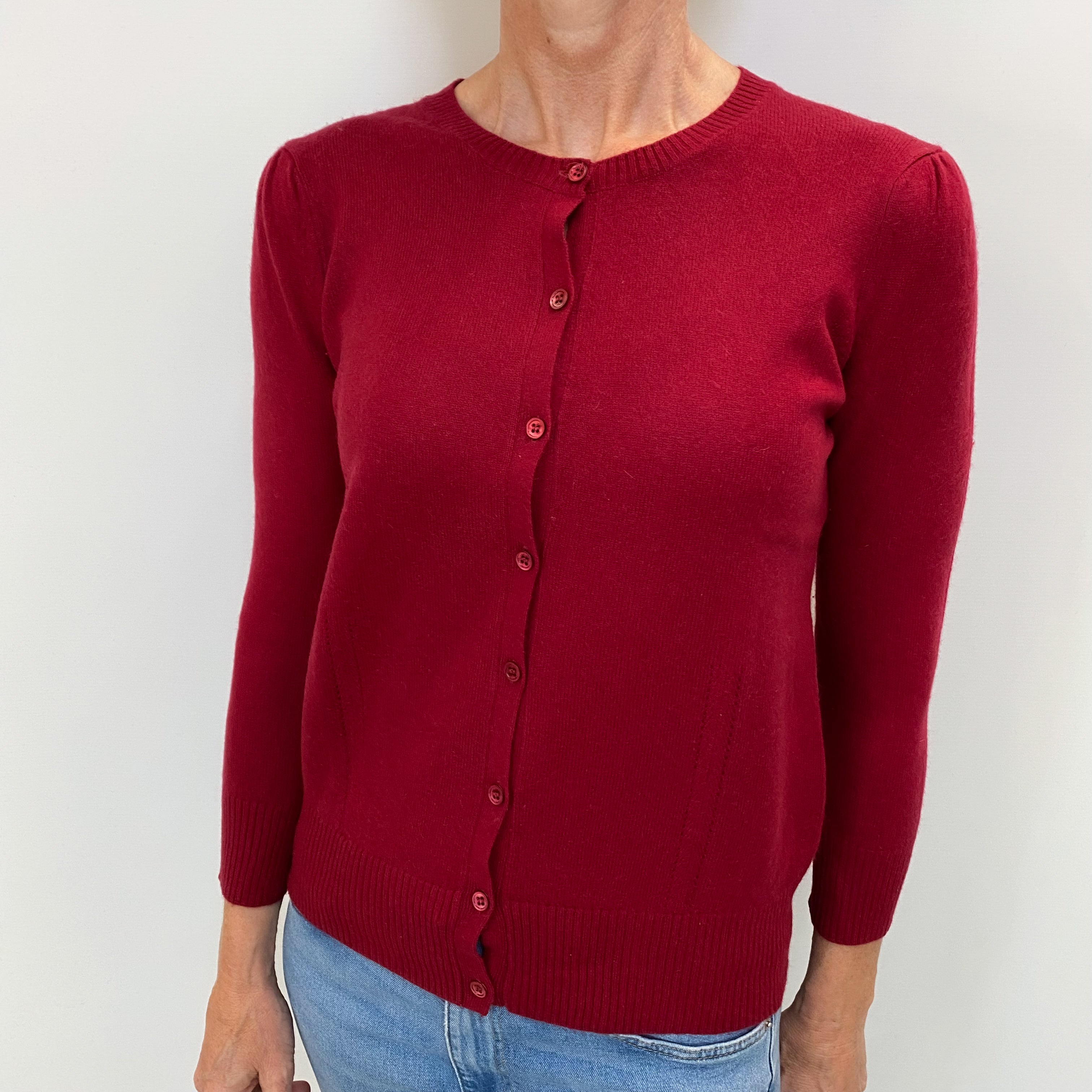 Crimson Red Cashmere Crew Neck Cardigan Small