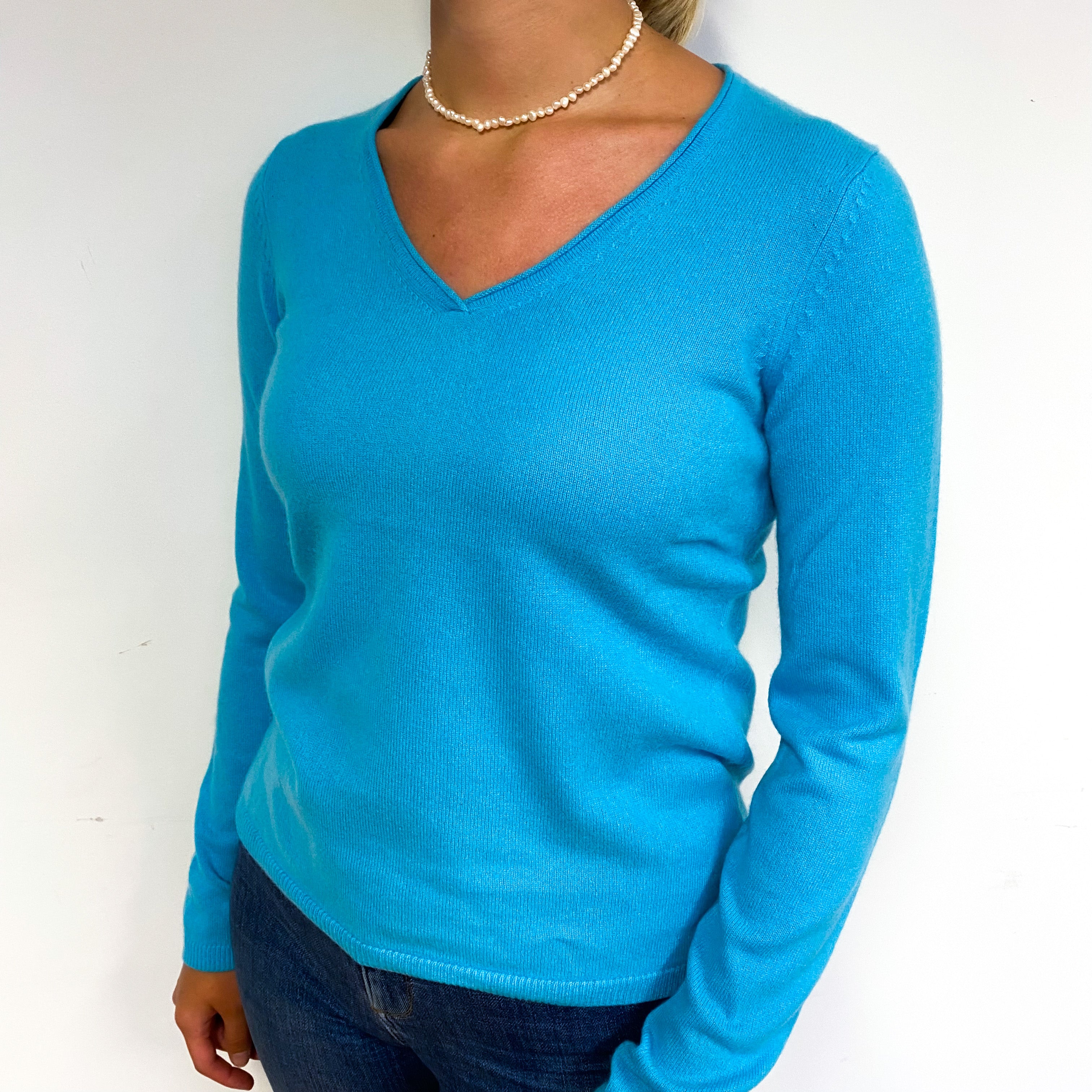 Aqua Blue Cashmere V-Neck Jumper Small