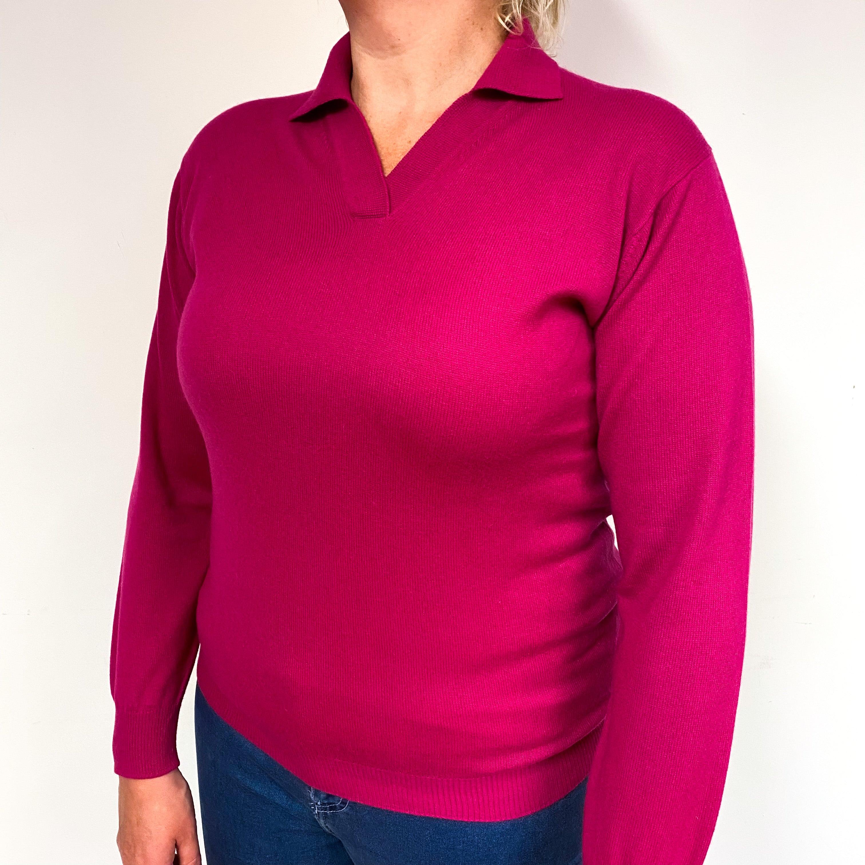 Fuchsia Pink Cashmere Collared V-Neck Jumper Large