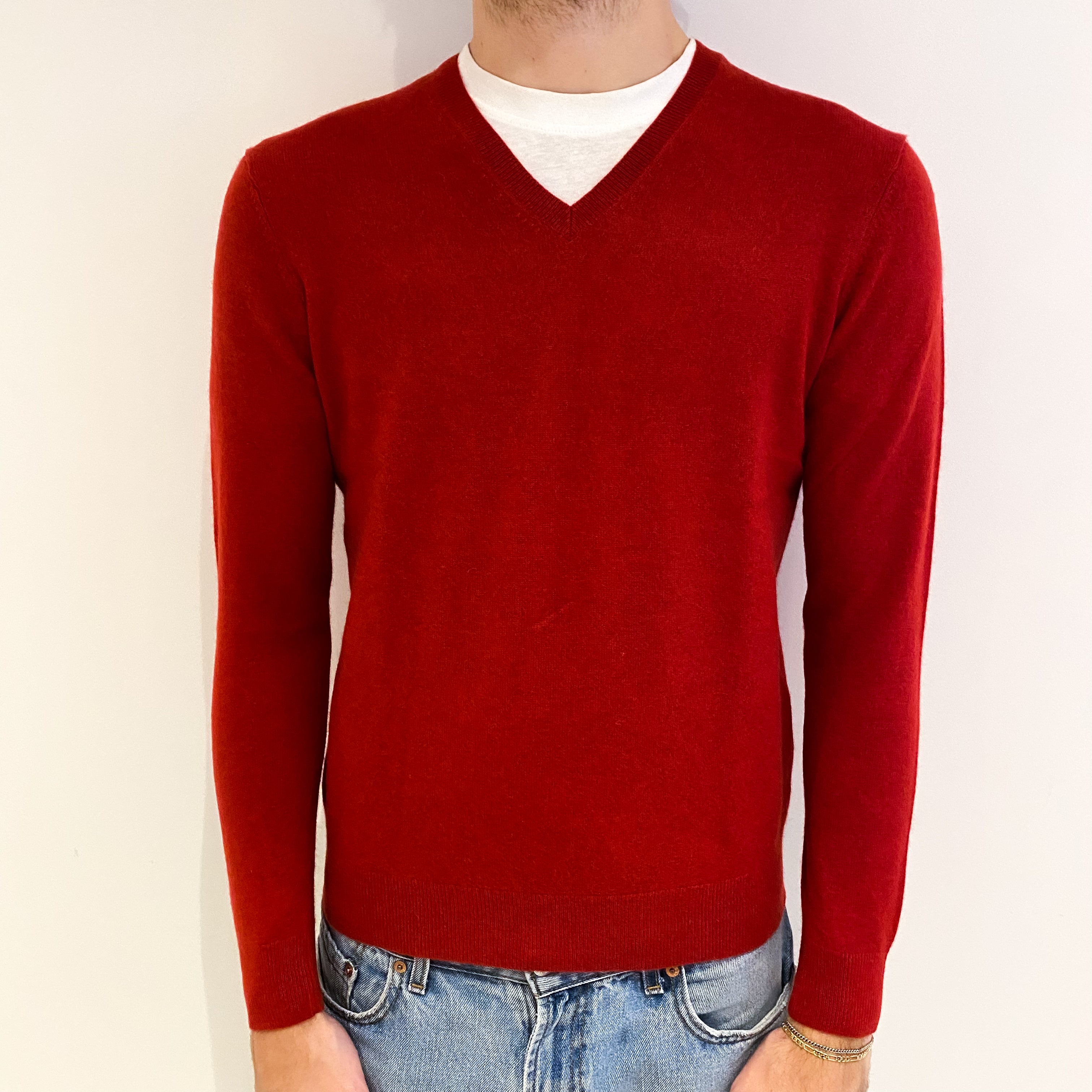 Men's Crimson Red Cashmere V Neck Jumper Medium