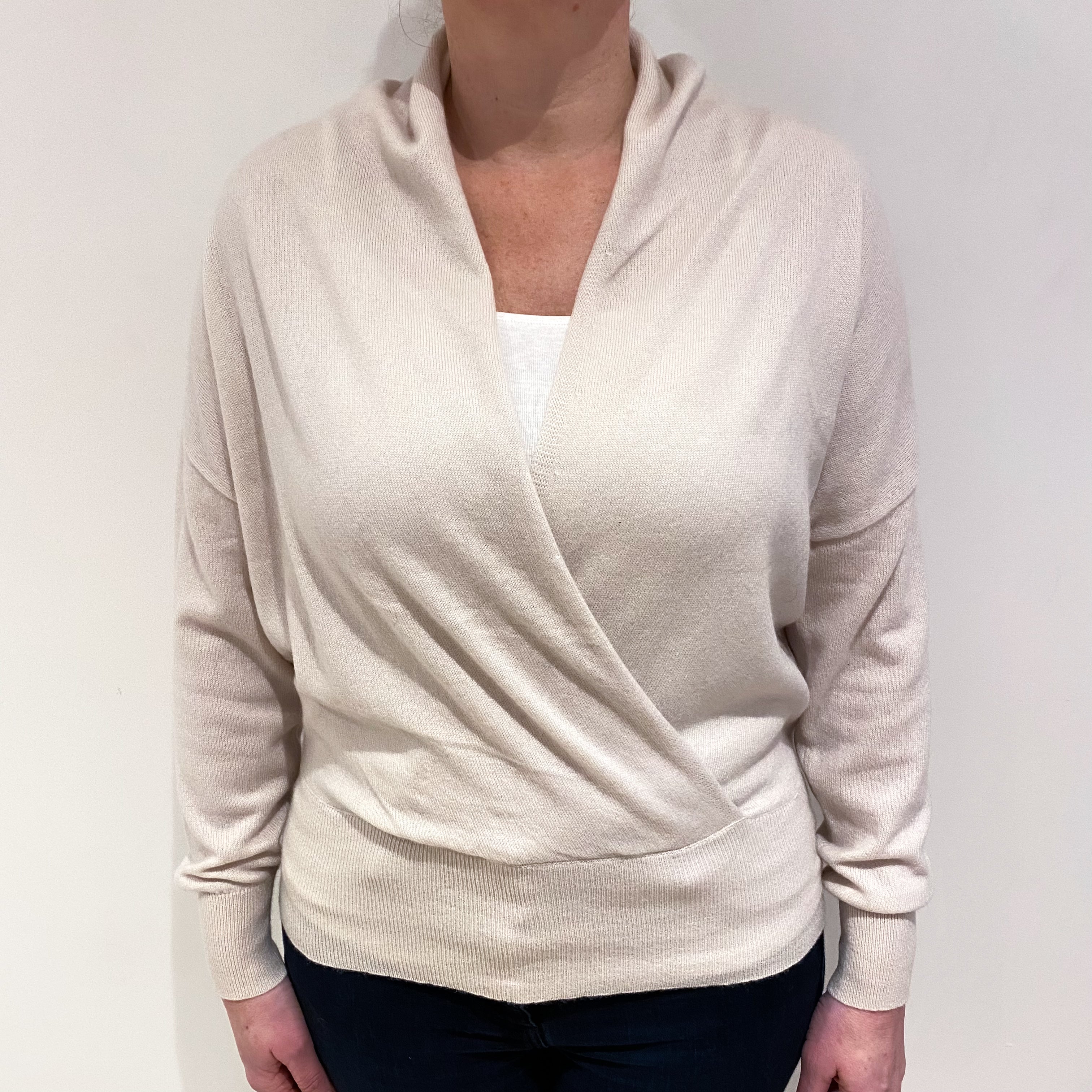 Nili Lotan Ivory Cashmere Cross Over V Neck Jumper Large