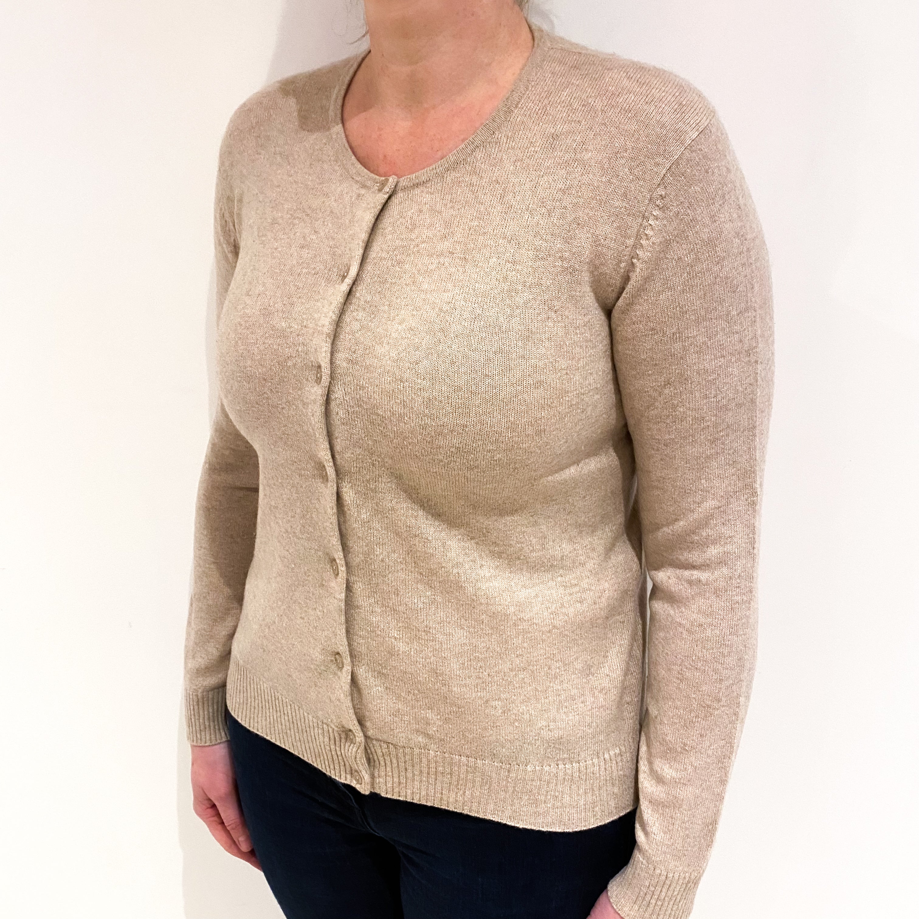 Fawn Beige Cashmere Crew Neck Cardigan Large