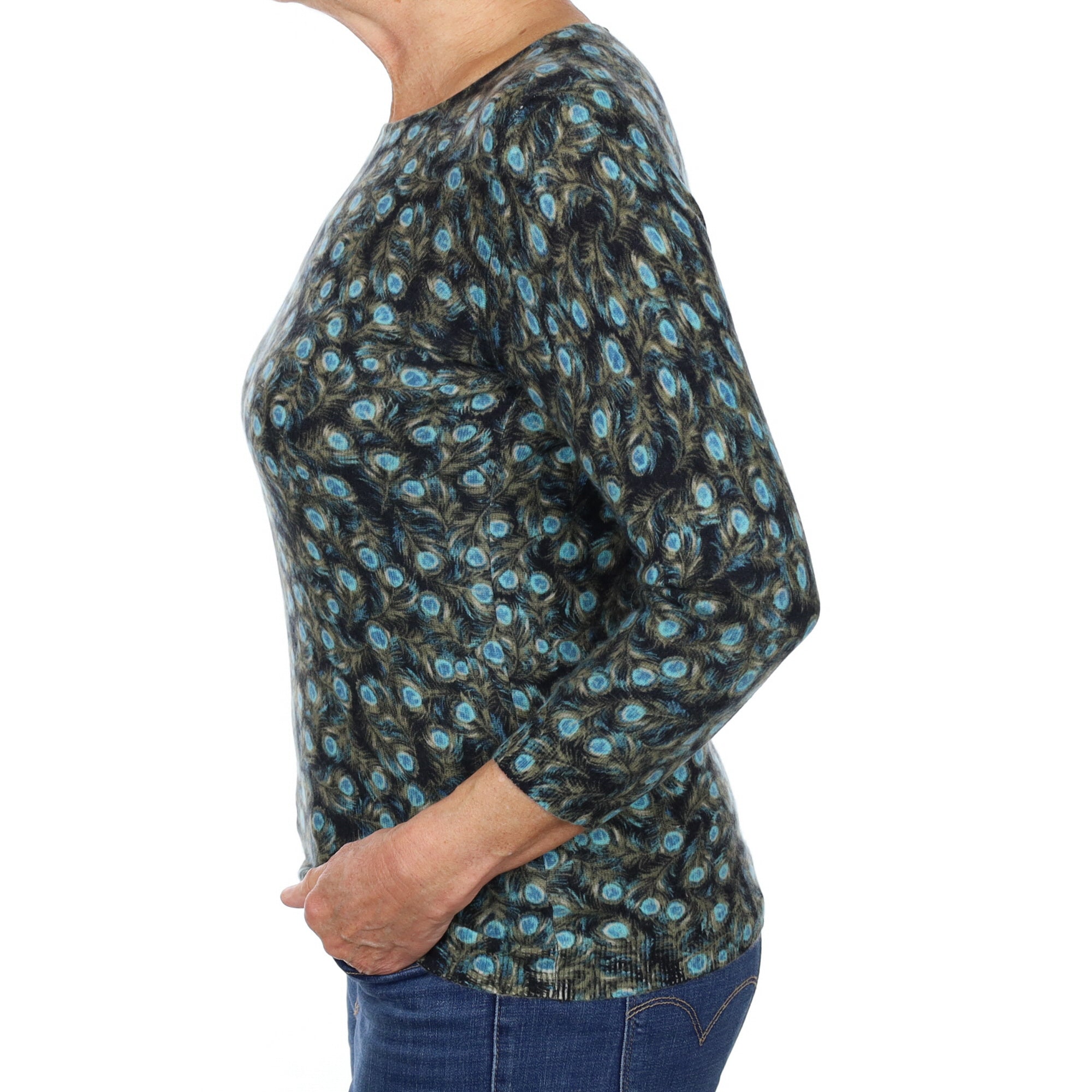 Aqua Blue Peacock Patterned Cashmere Crew Neck Jumper Medium