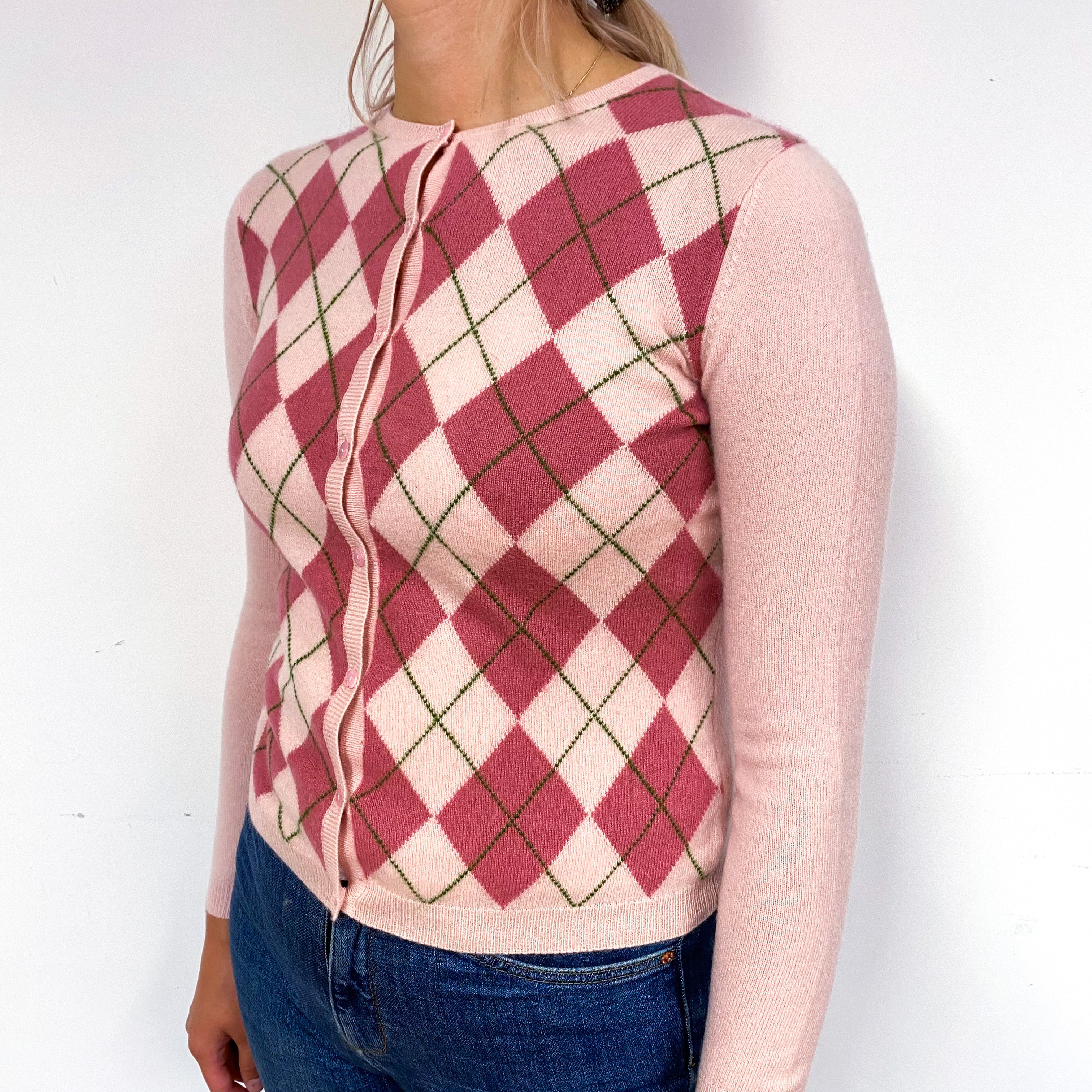 Pale Pink Argyle Cashmere Crew Neck Cardigan Small/Petite