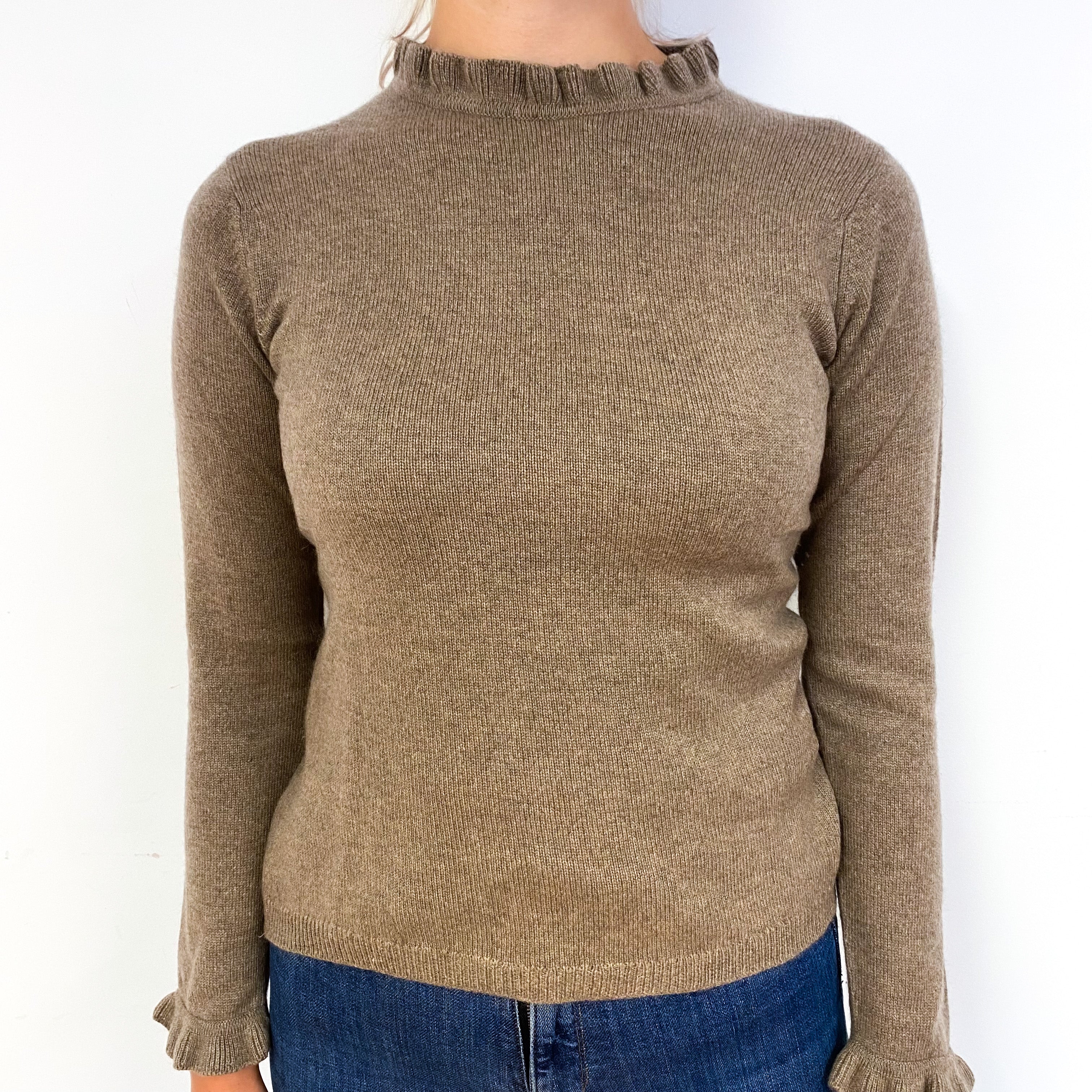 Scottish Mocha Brown Cashmere Frill Crew Neck Jumper Small