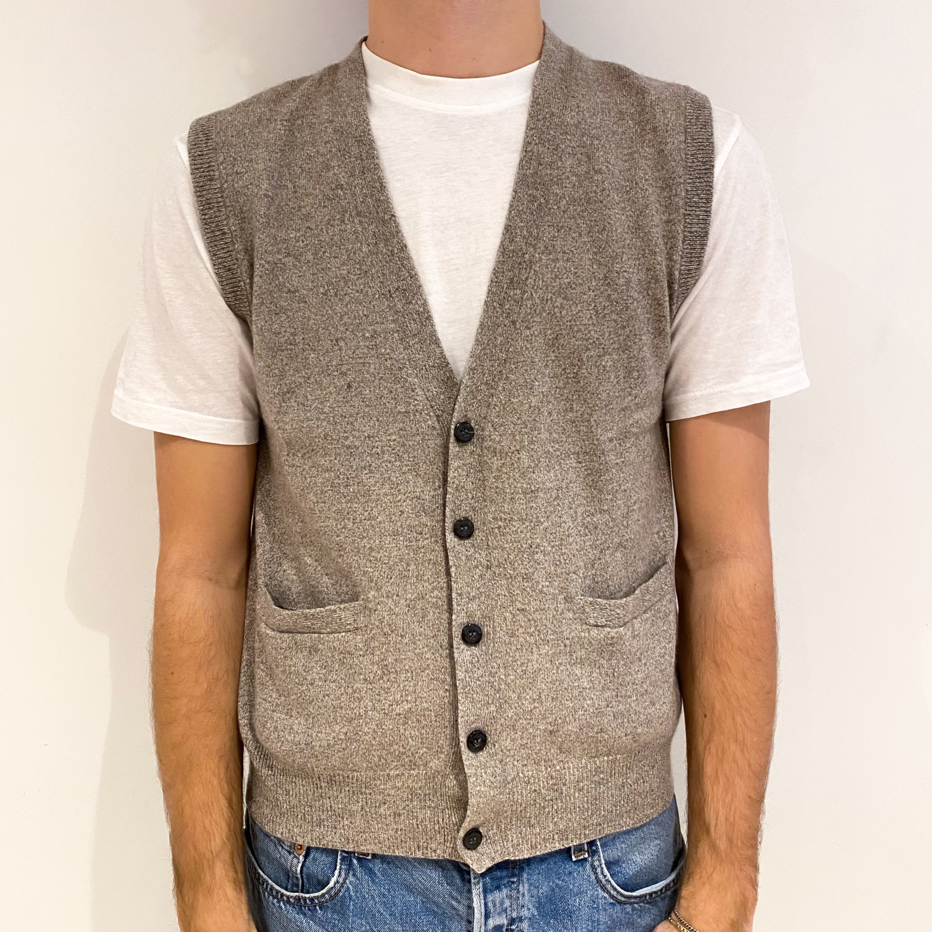 Men's Taupe Marl Cashmere V Neck Gilet with Pockets Medium