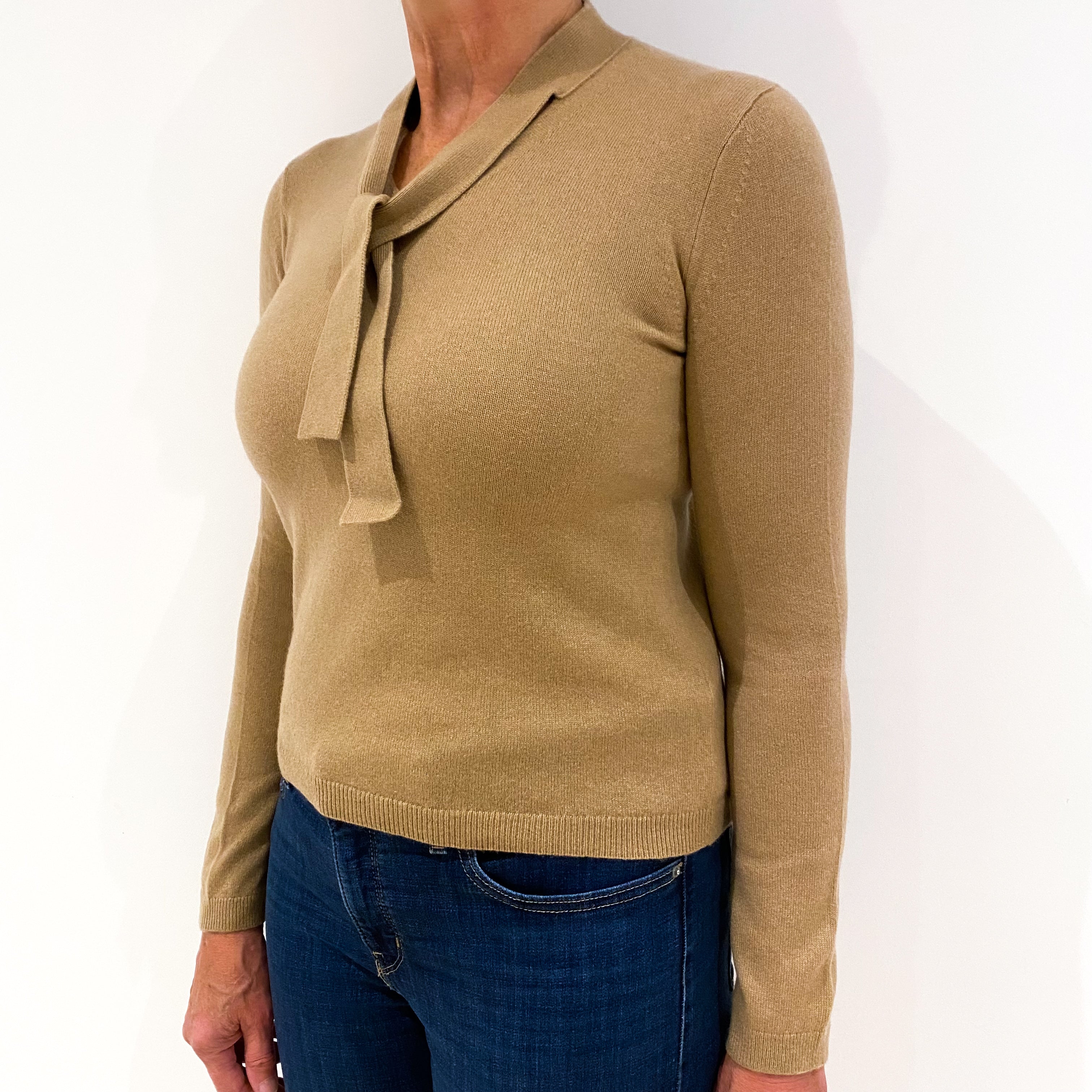 Camel Brown Cashmere Tie Neck V-Neck Jumper Medium