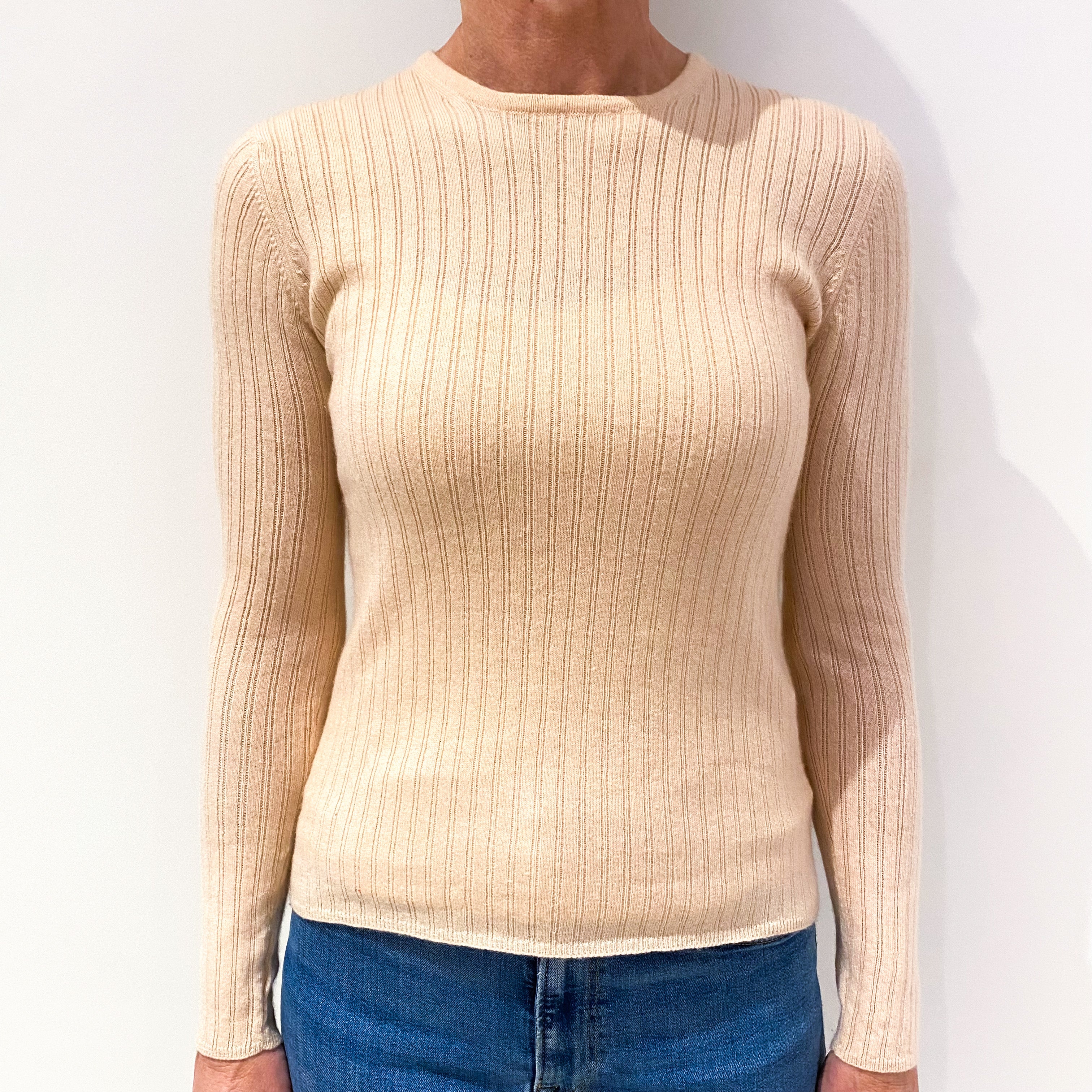 Pale Peach Rib Cashmere Crew Neck Jumper Small