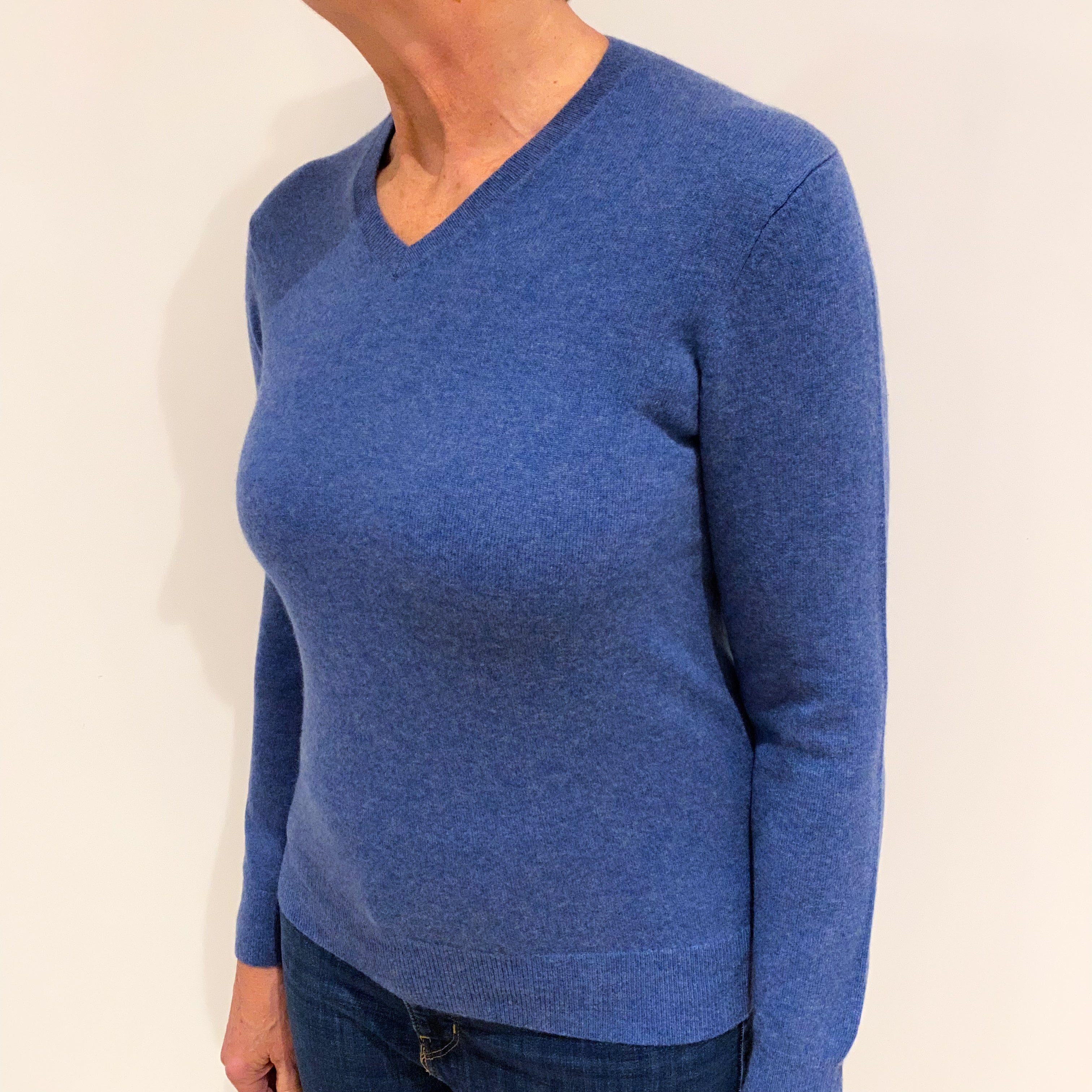 Denim Blue Cashmere V Neck Jumper Medium
