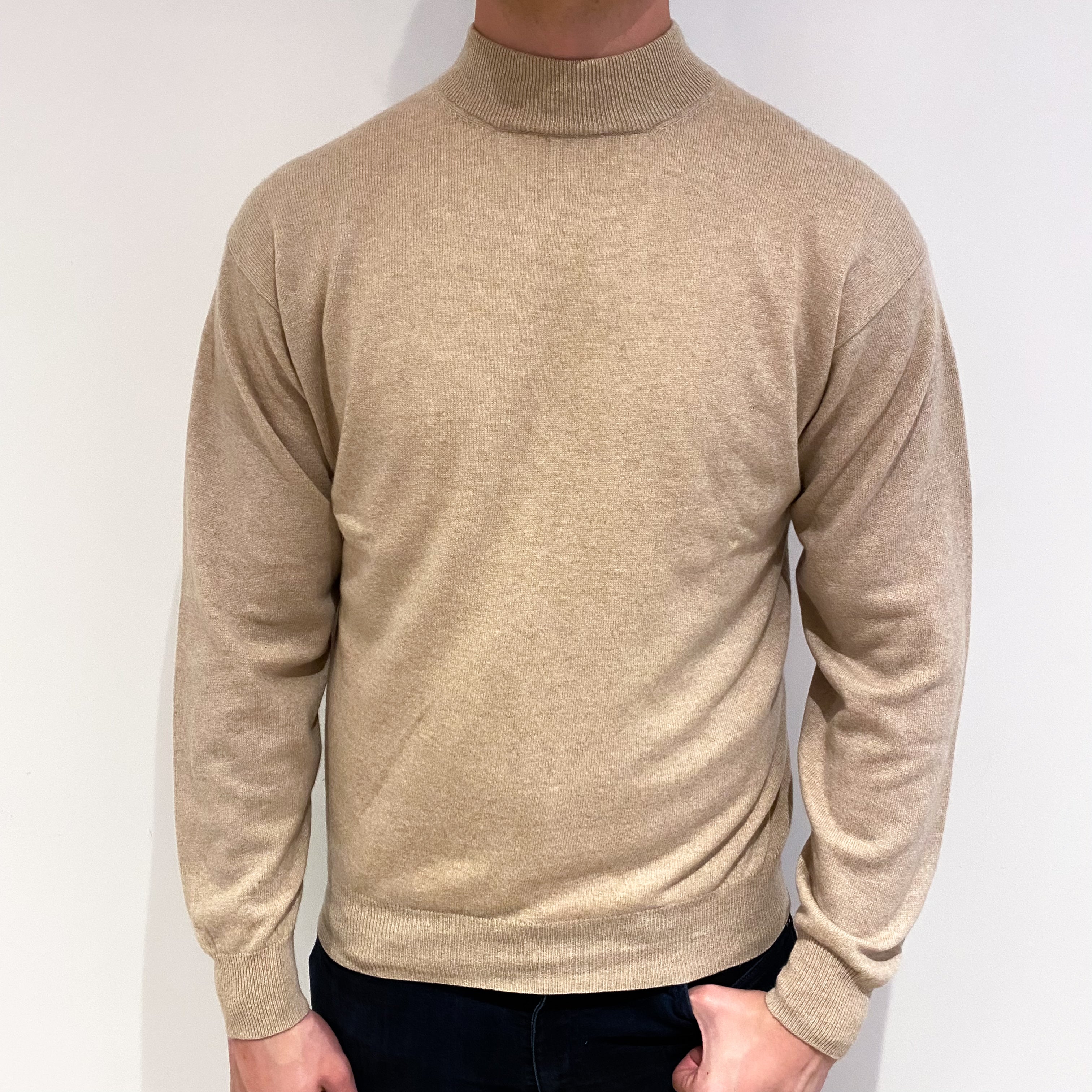Men's Sand Beige Cashmere Turtle Neck Jumper XL