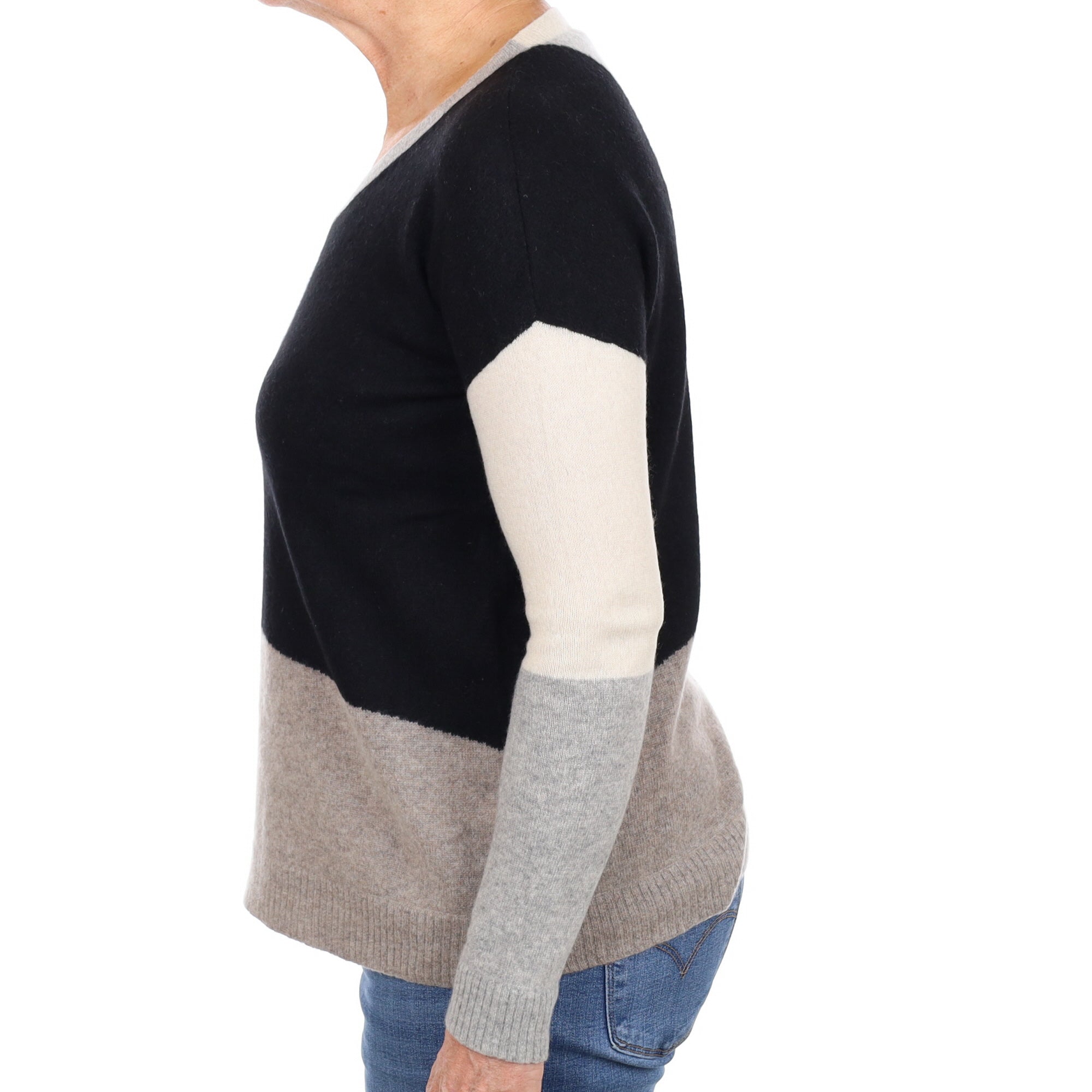 Grey Colour Block Cashmere V Neck Jumper Medium