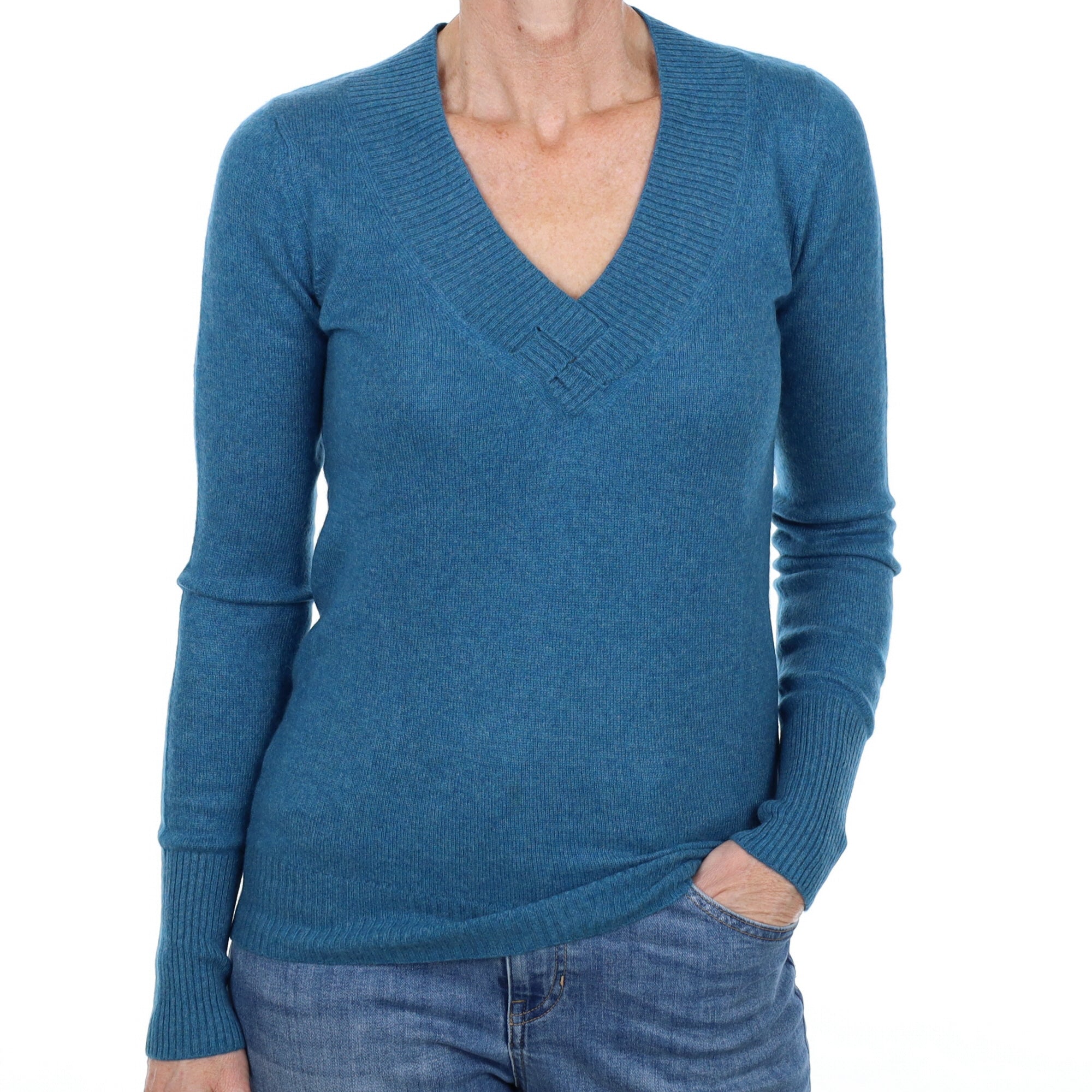 Pacific Blue Cashmere V Neck Jumper Small