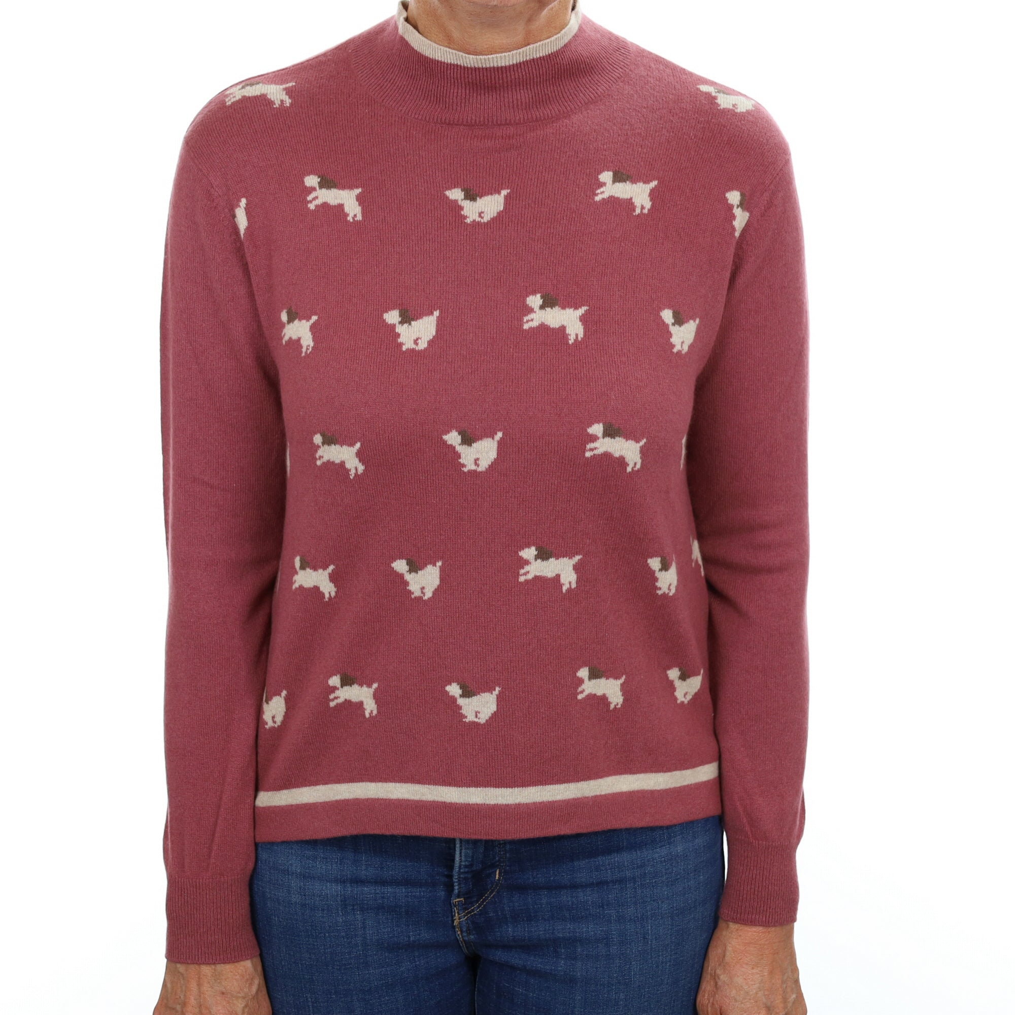 Dusky Rose Dog Patterned Cashmere Polo Neck Jumper Medium