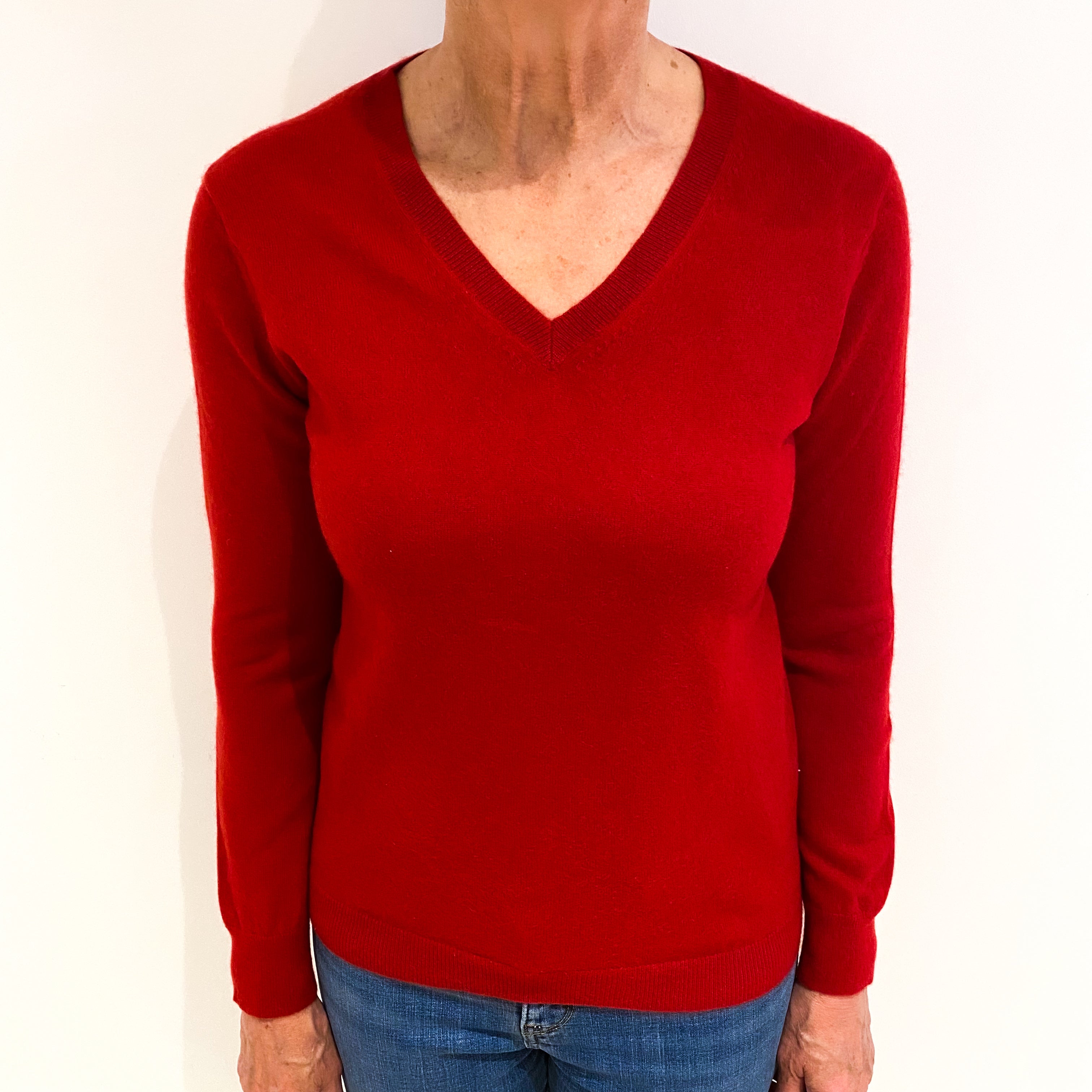 Post Box Red Cashmere V Neck Jumper Medium
