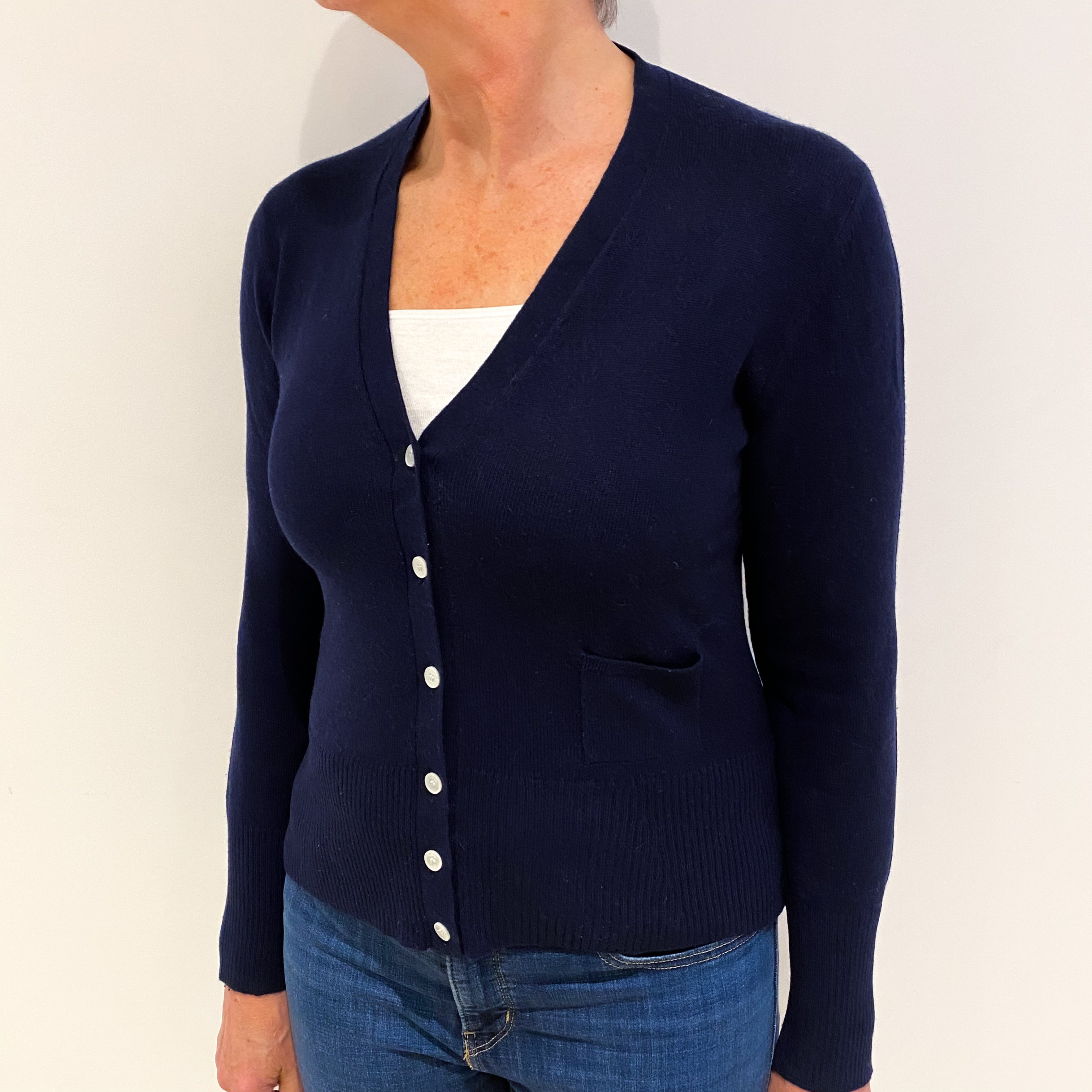 Italian Navy Blue Cashmere V Neck Cardigan Medium