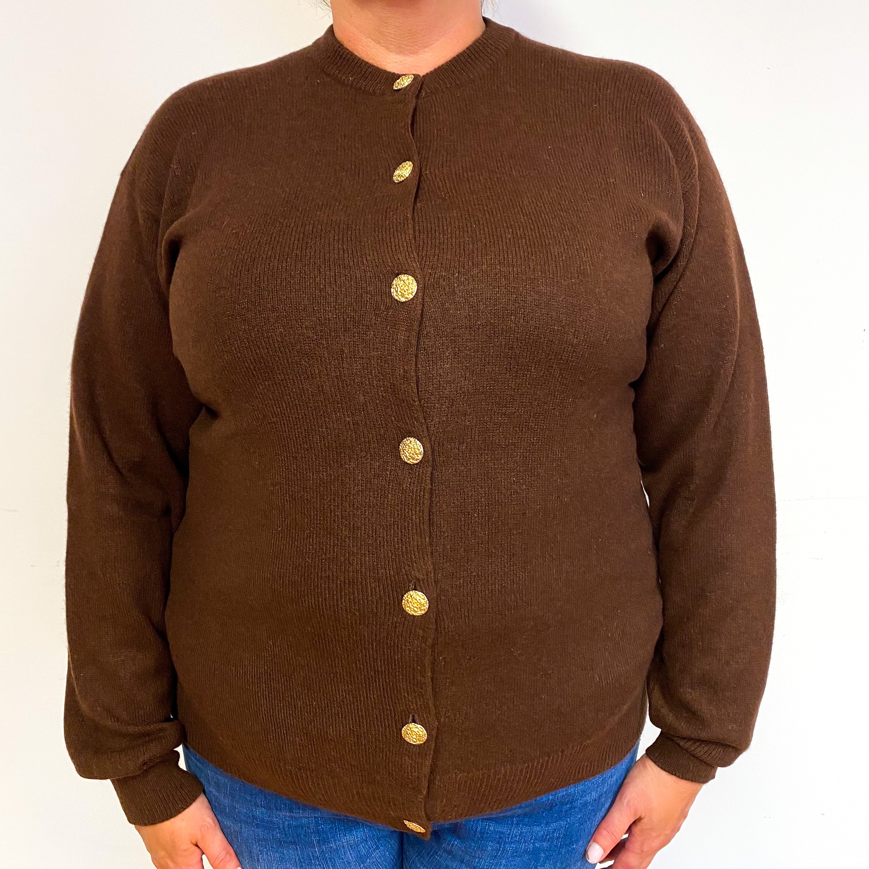 Scottish Chocolate Brown Cashmere Crew Neck Cardigan Extra Large