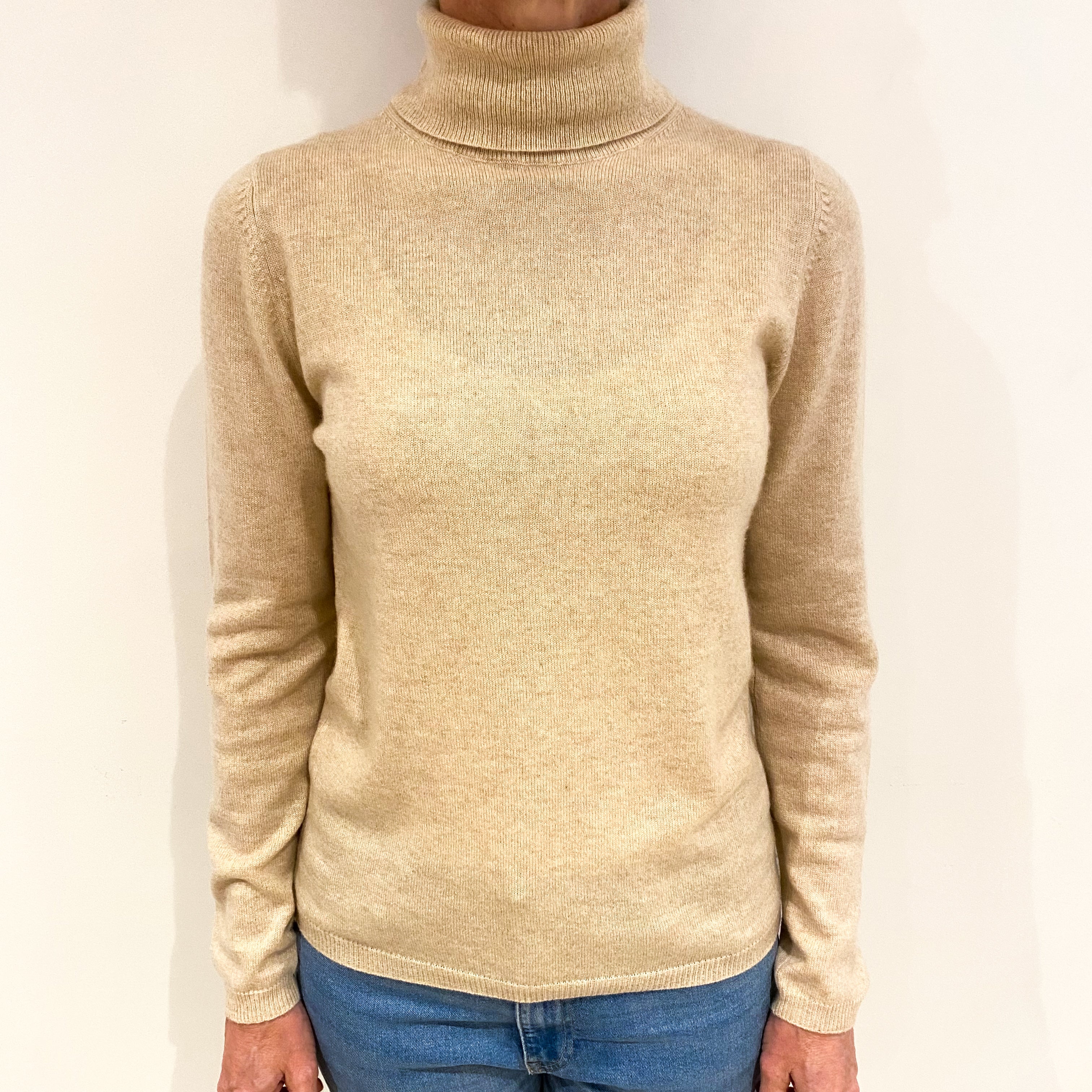 Oatmeal Beige Cashmere Polo Neck Jumper Small