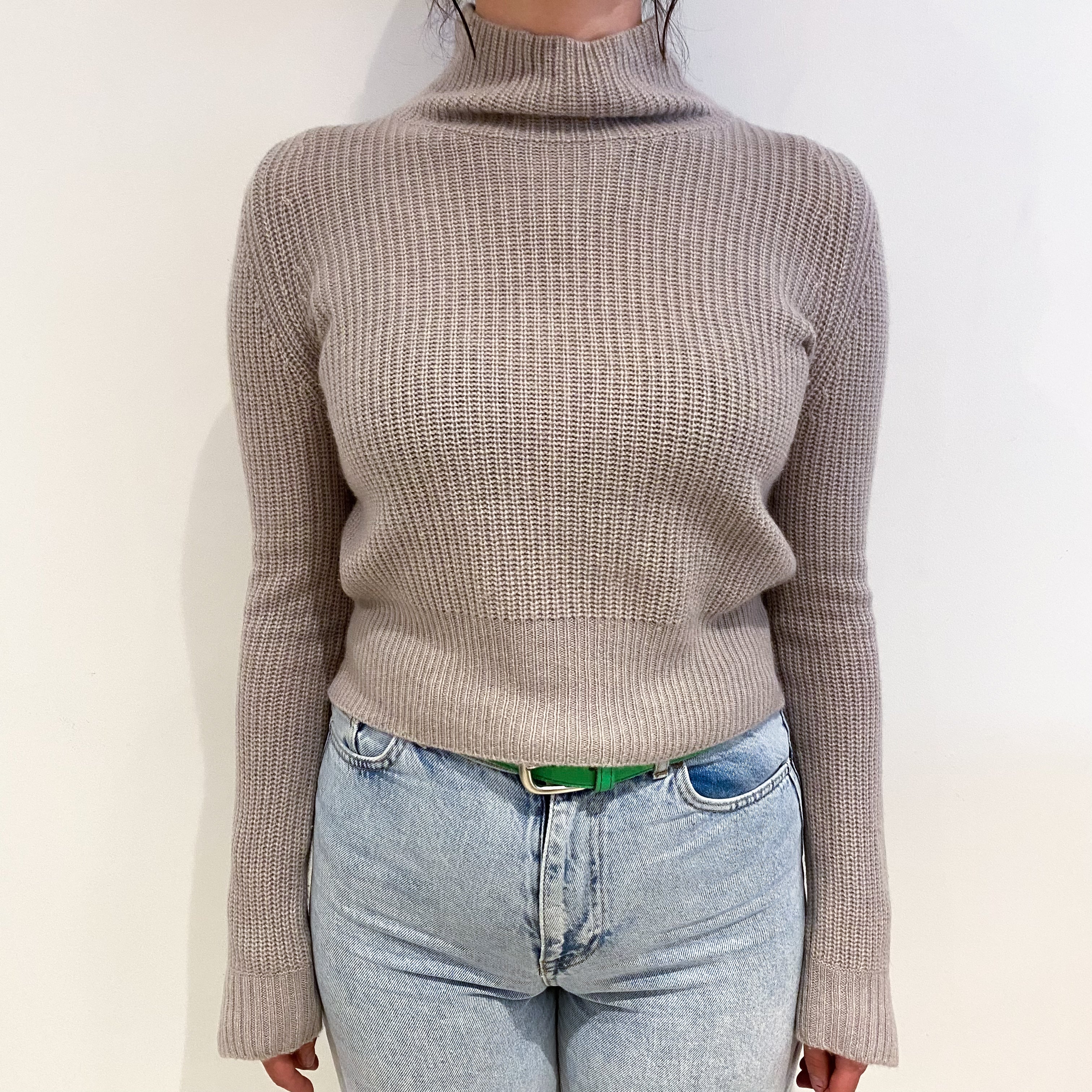 Dusty Grey Cashmere Funnel Neck Lace Up Back Jumper Small
