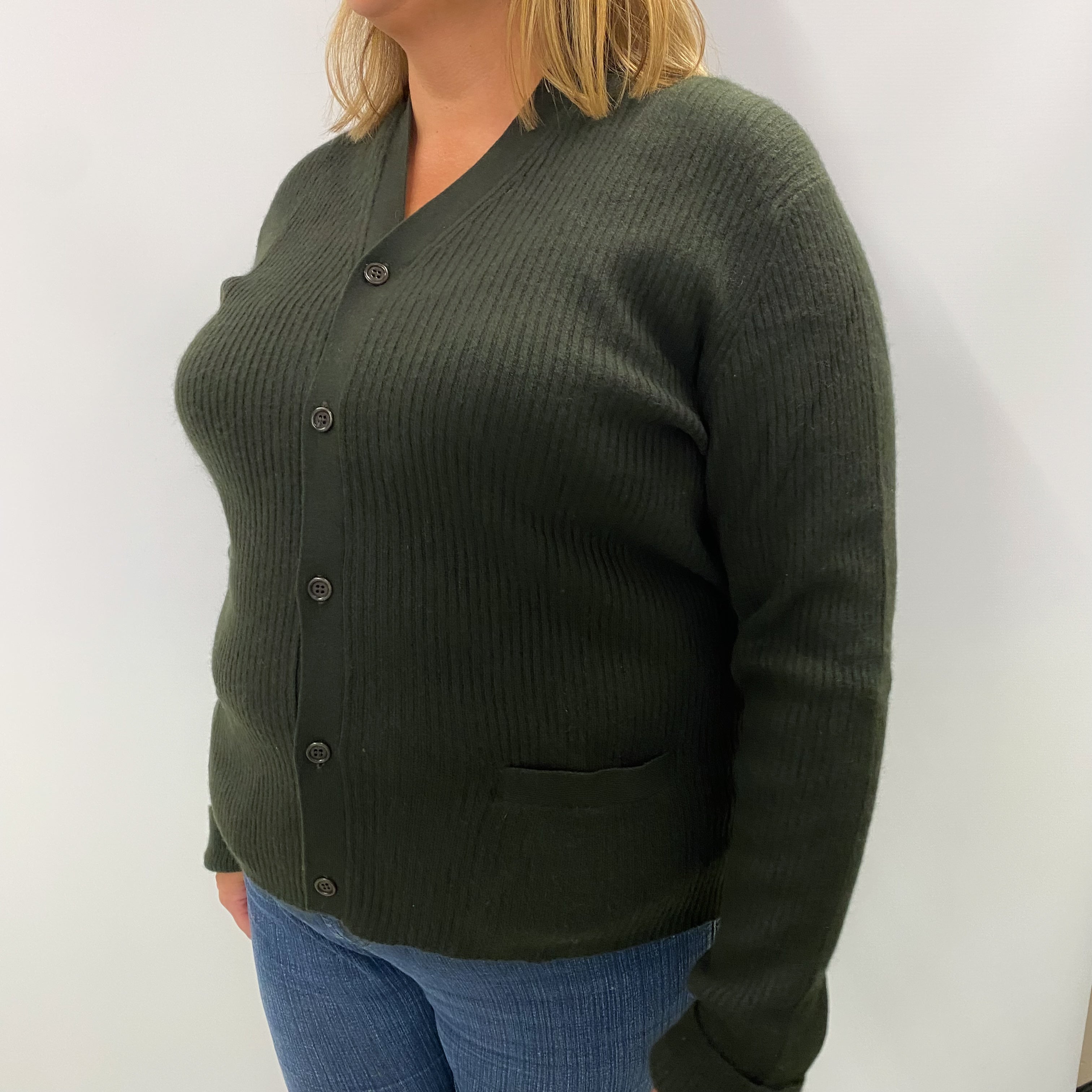 TSE Forest Green Cashmere V Neck Cardigan Extra Large
