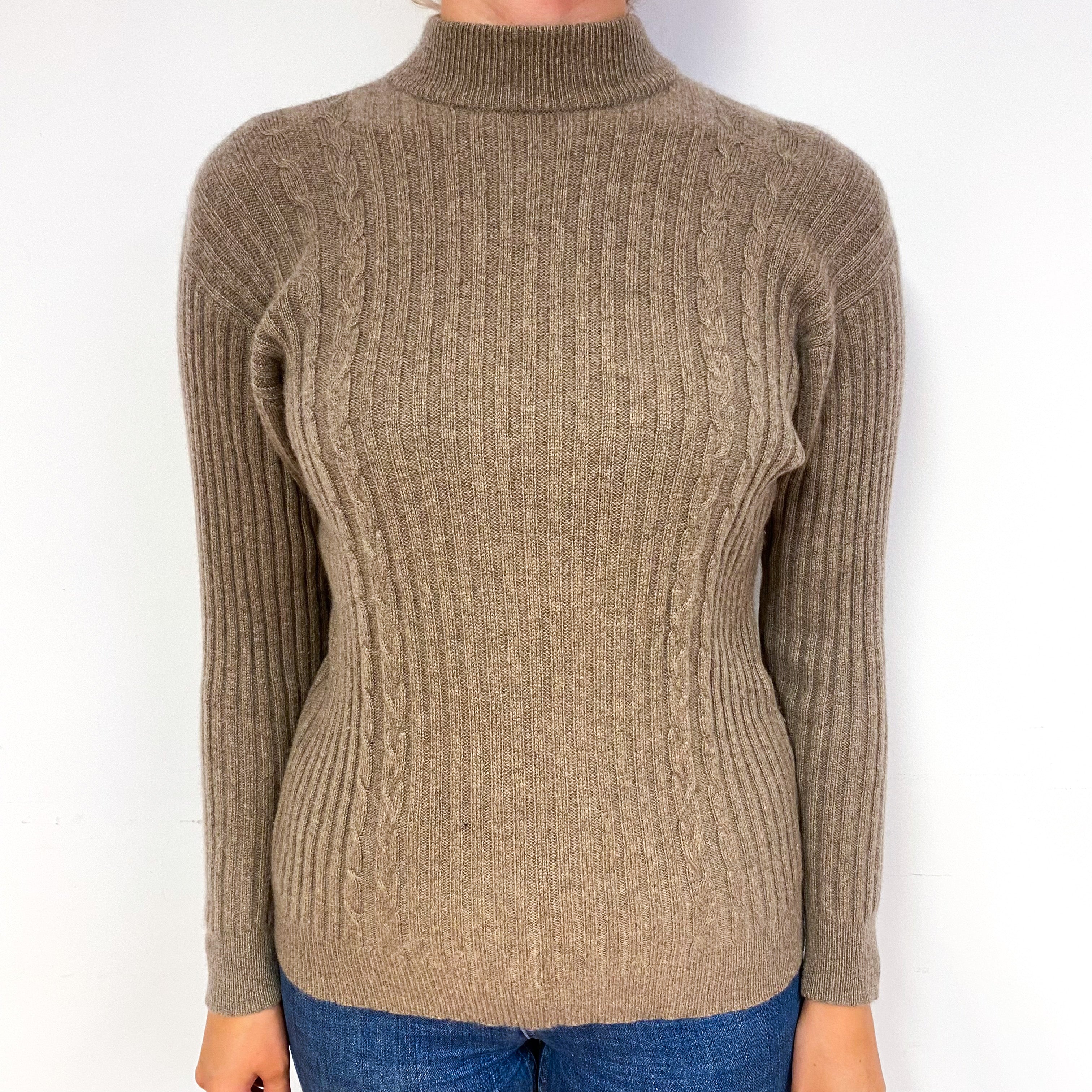 Taupe Brown Rib Cashmere Turtle Neck Jumper Small