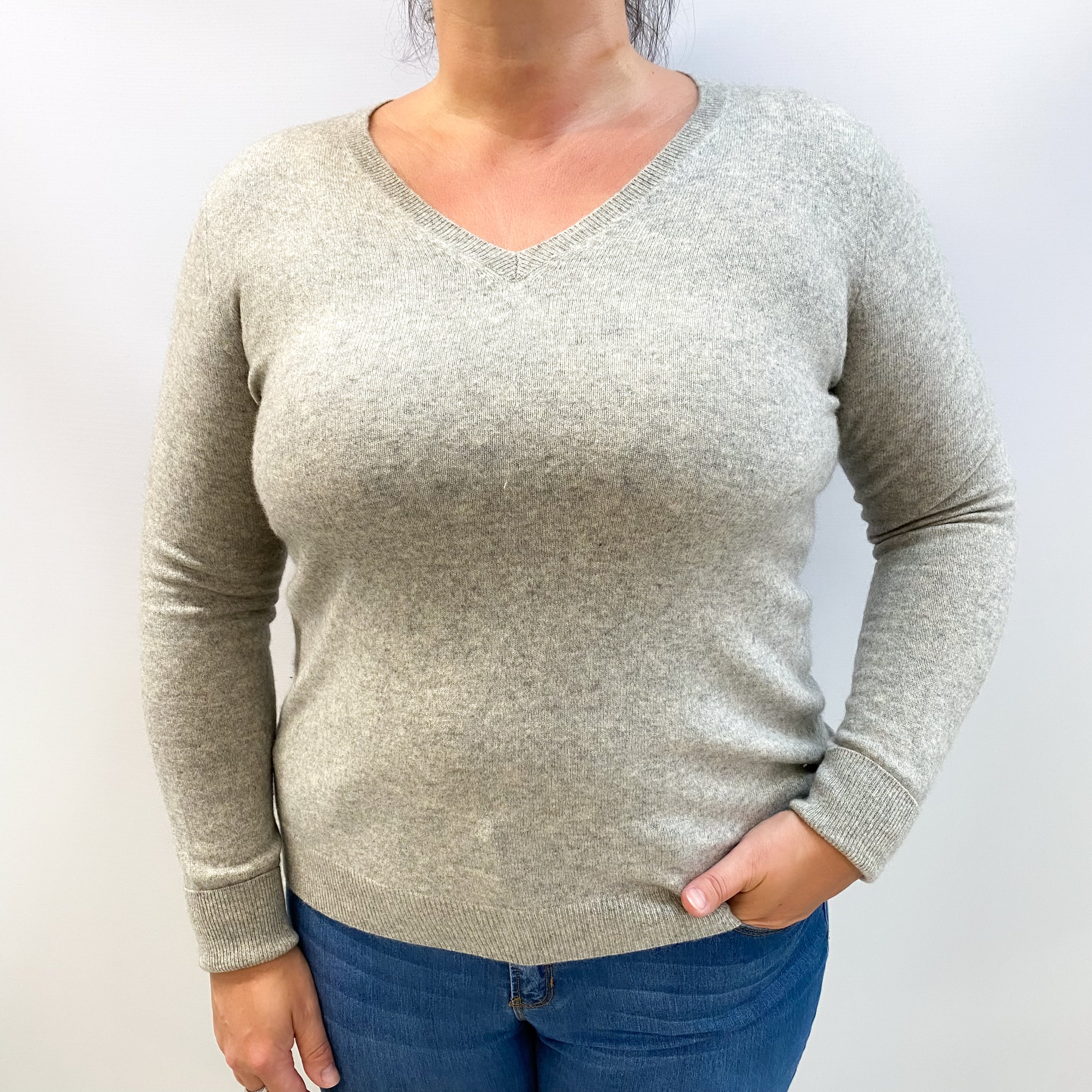 Smoke Grey Cashmere V Neck Jumper Large