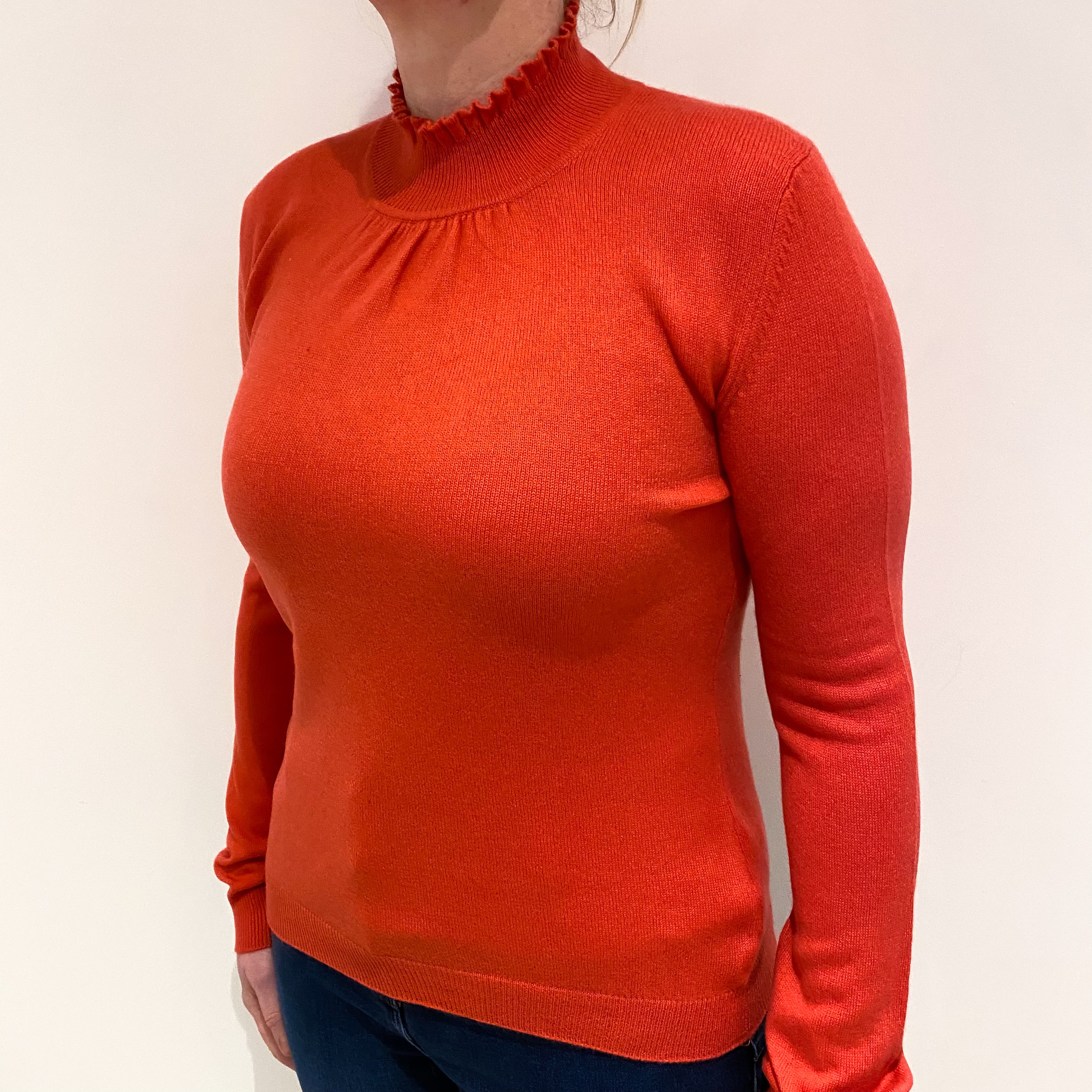 Watermelon Pink Cashmere Ruffle Turtle Neck Jumper Large