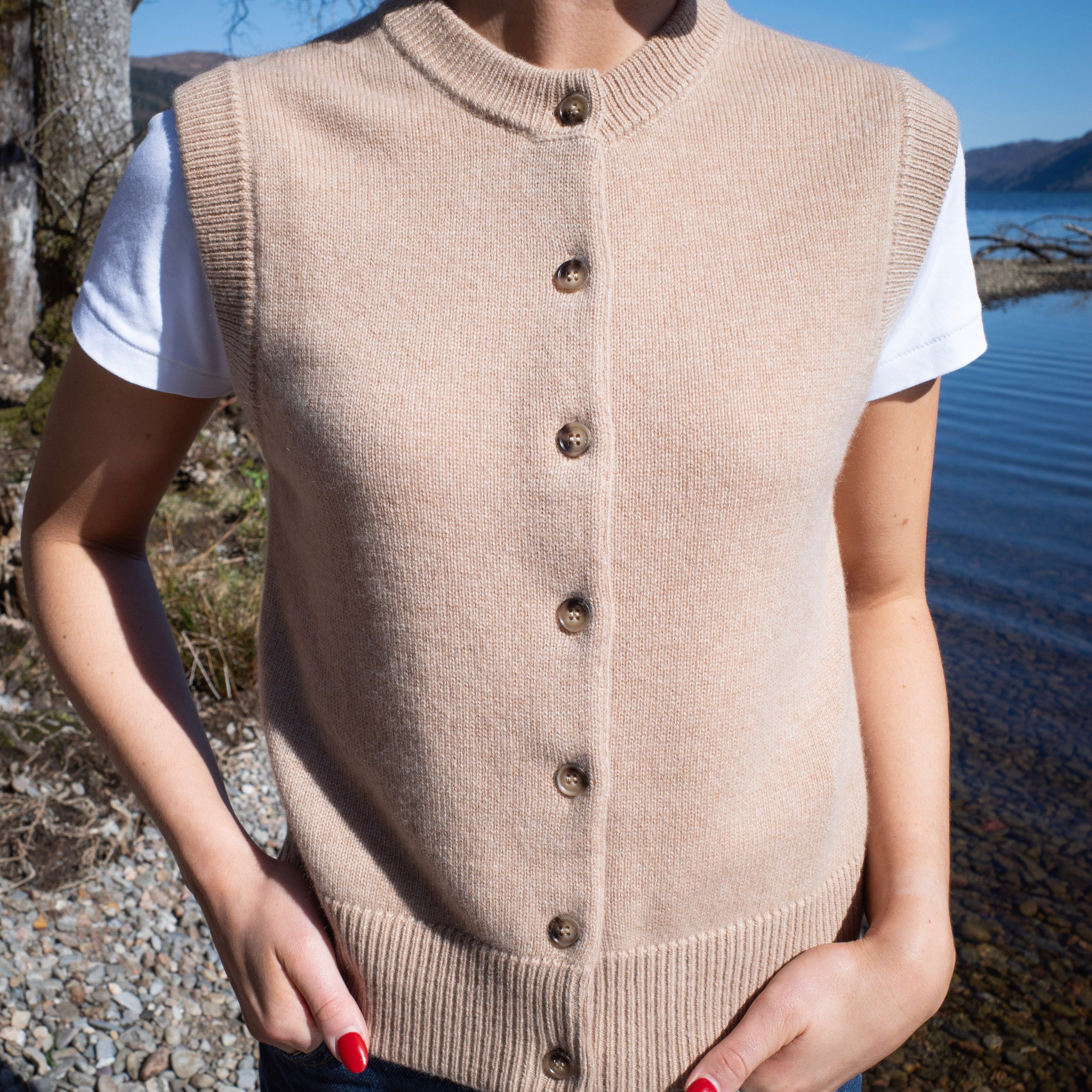 Brand New Caramel Luxury Cashmere Crew Neck Waistcoat Small UK 8-10