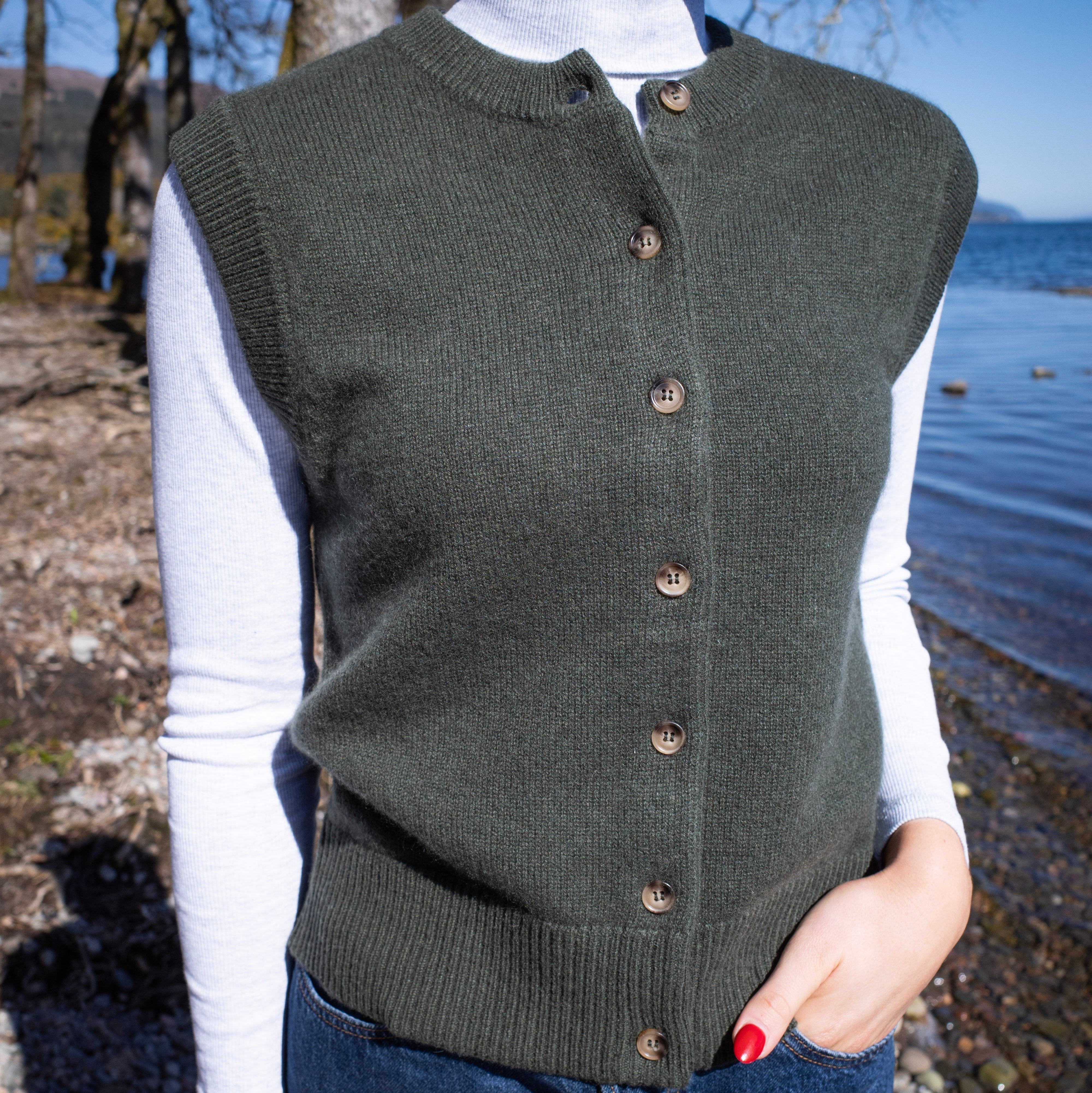 Brand New Khaki Luxury Cashmere Crew Neck Waistcoat Large UK 16-18