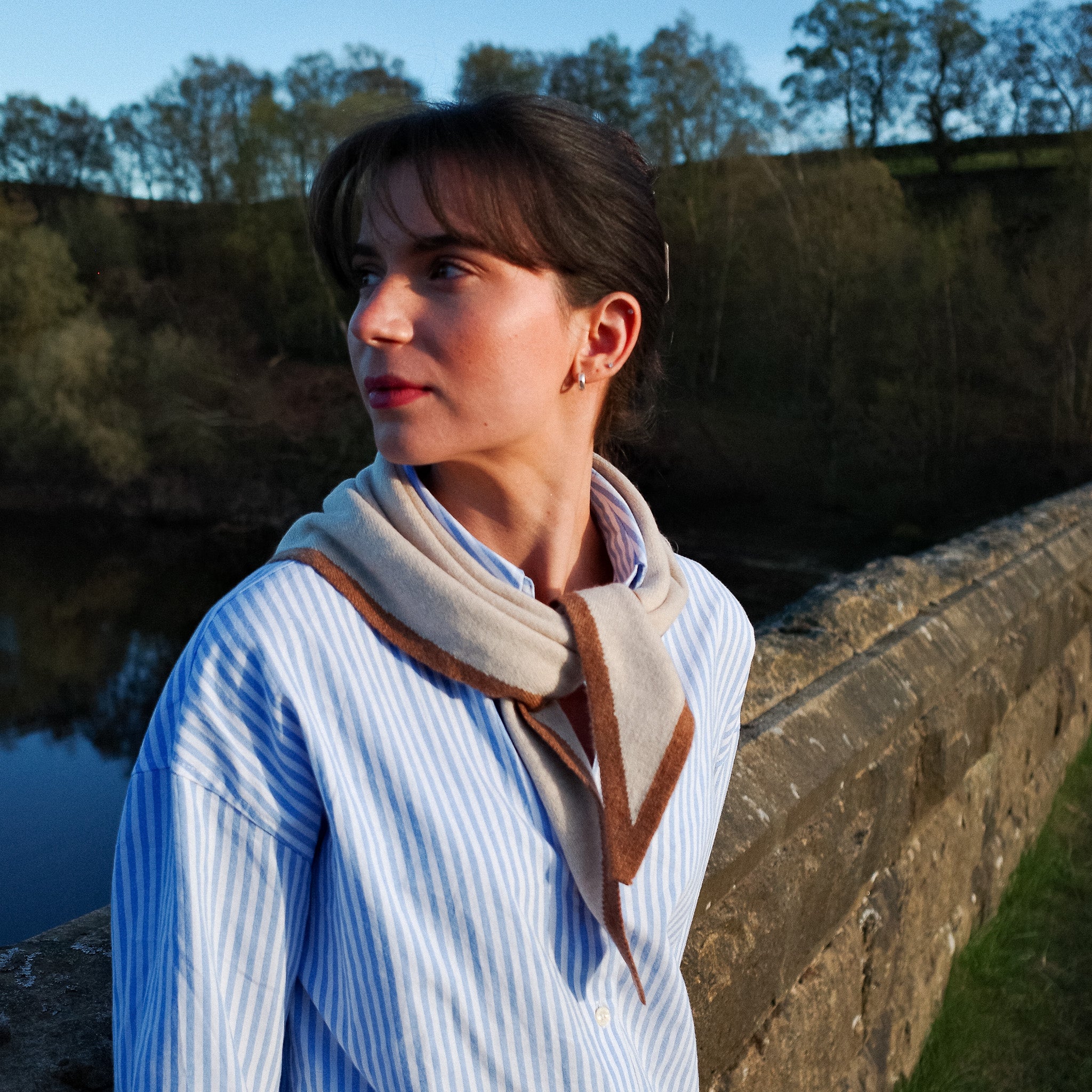 Brand New Sand Beige and Harvest Recycled Cashmere Triangle Scarf