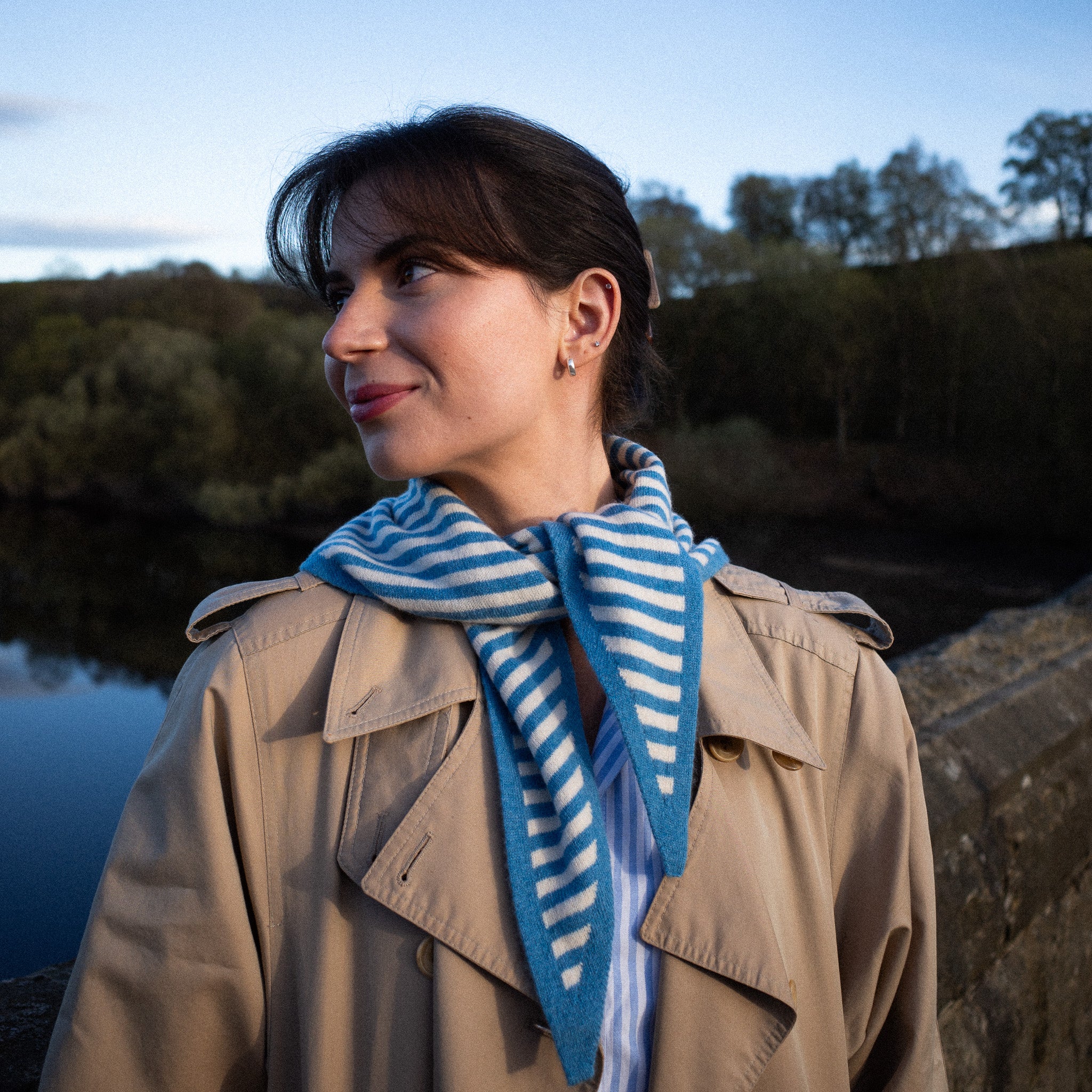 Brand New Mediterranean Blue Striped Recycled Cashmere Triangle Scarf