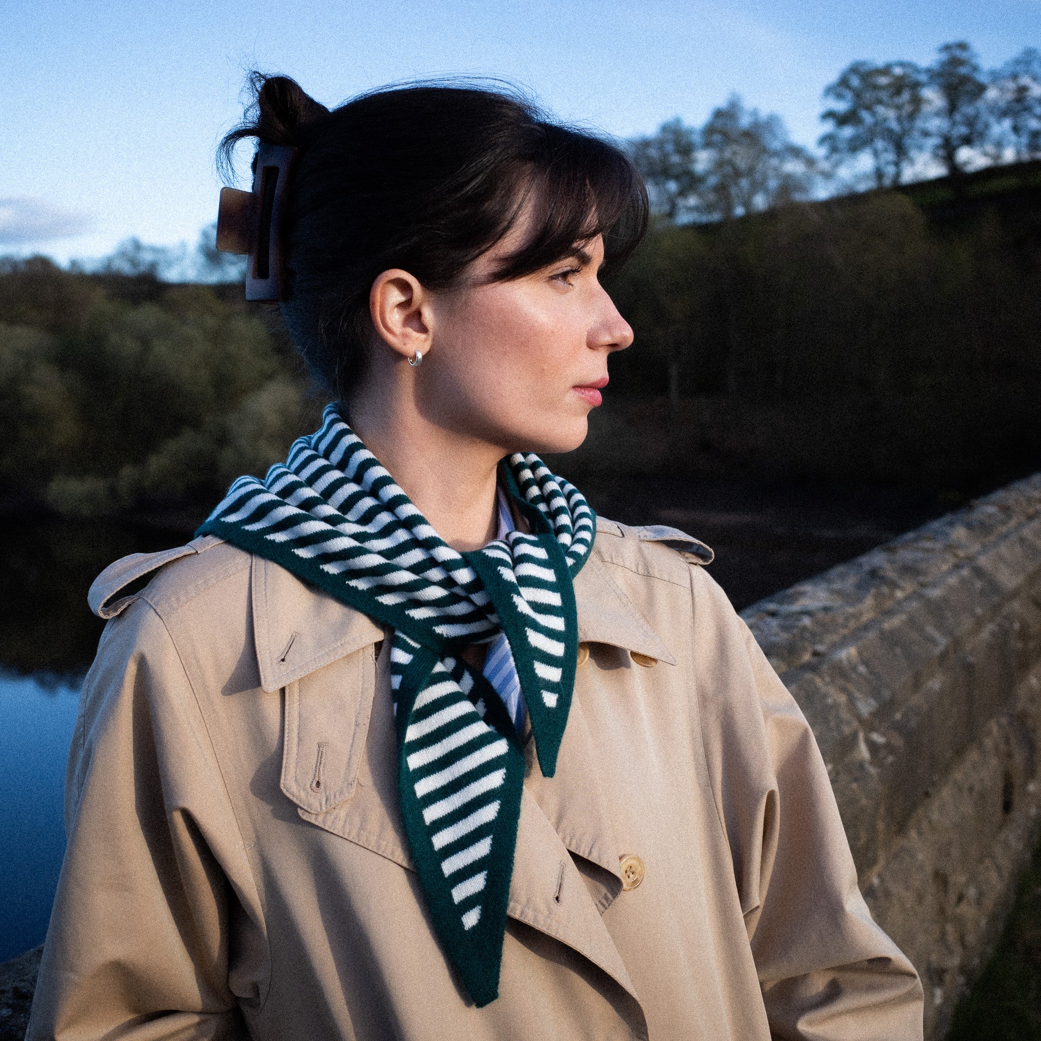 Brand New Forest Green Striped Recycled Cashmere Triangle Scarf