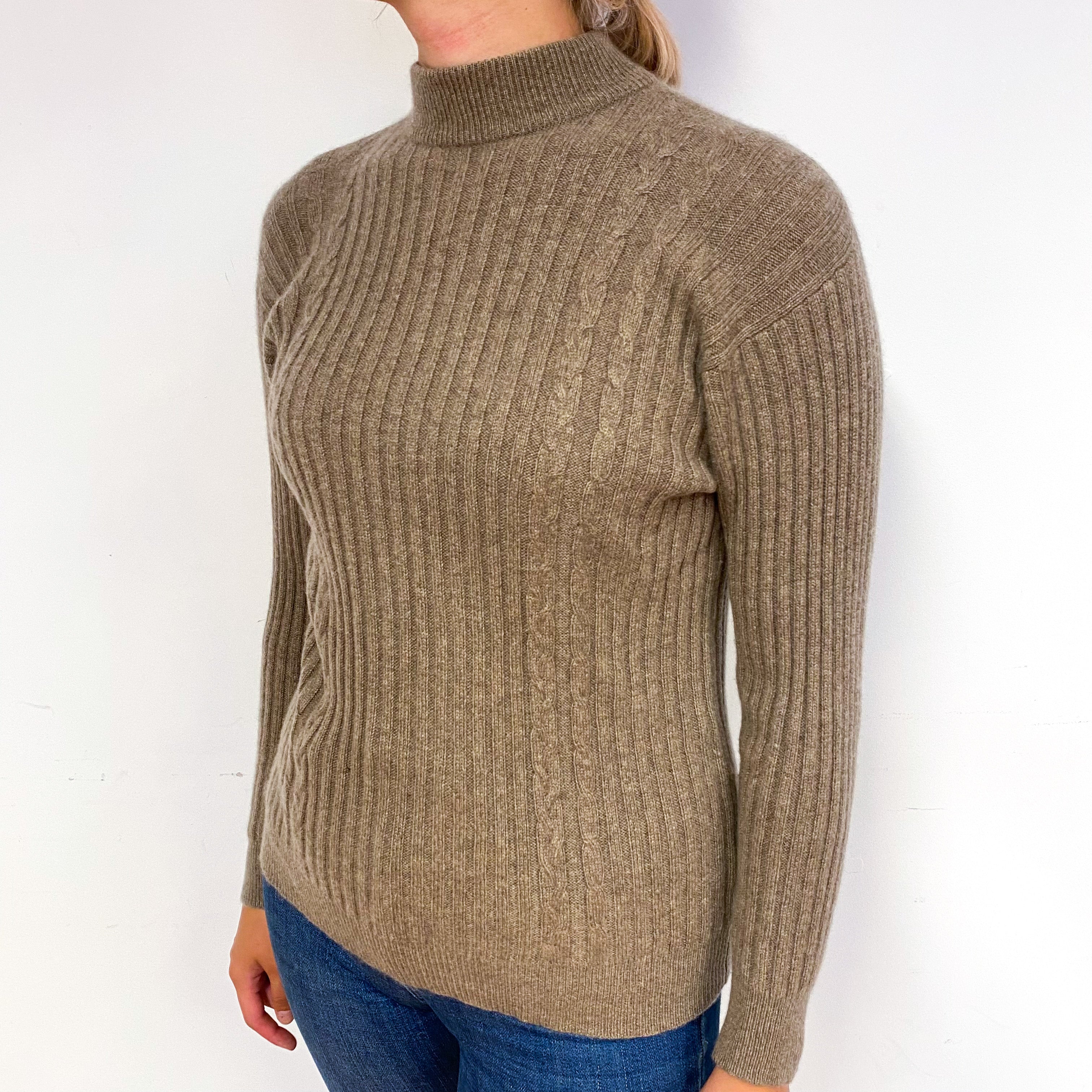 Taupe Brown Rib Cashmere Turtle Neck Jumper Small