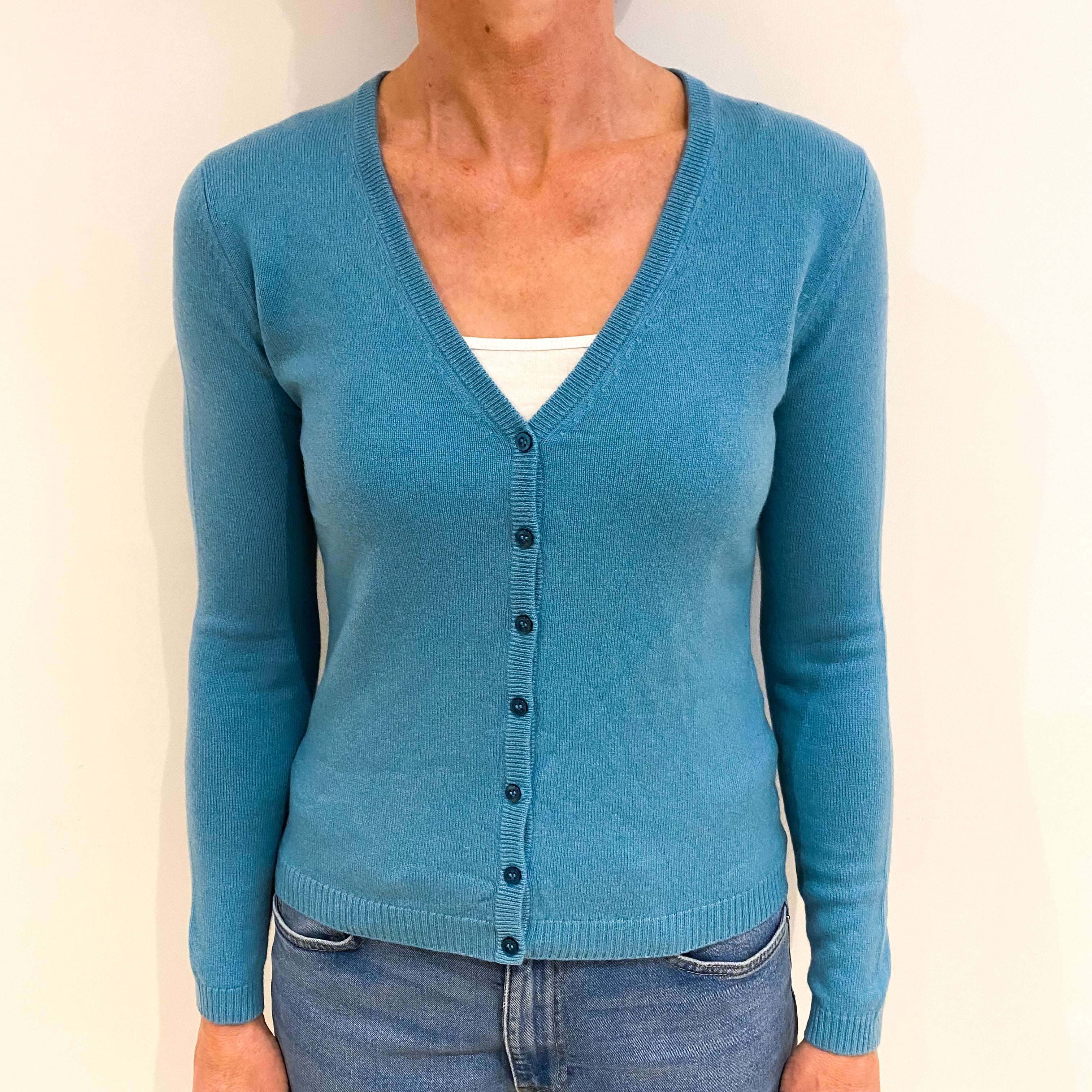 Muted Aqua Cashmere V Neck Cardigan Small