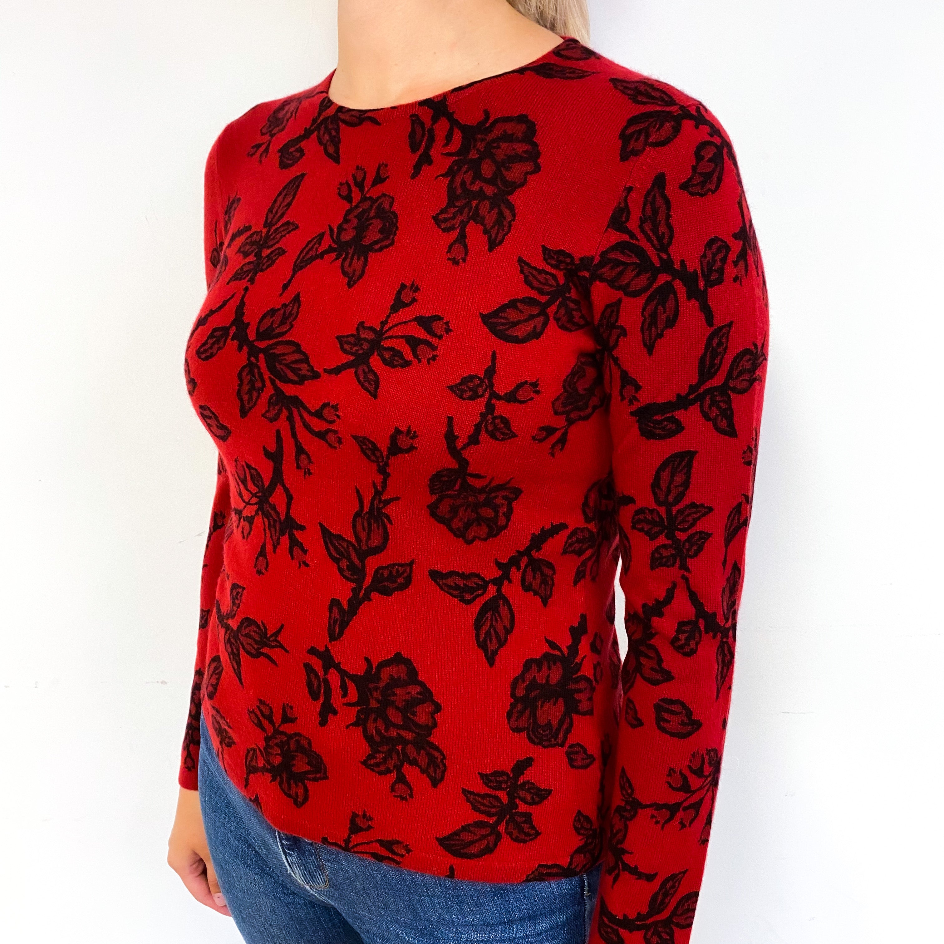 Crimson Red Black Floral Cashmere Crew Neck Jumper Small