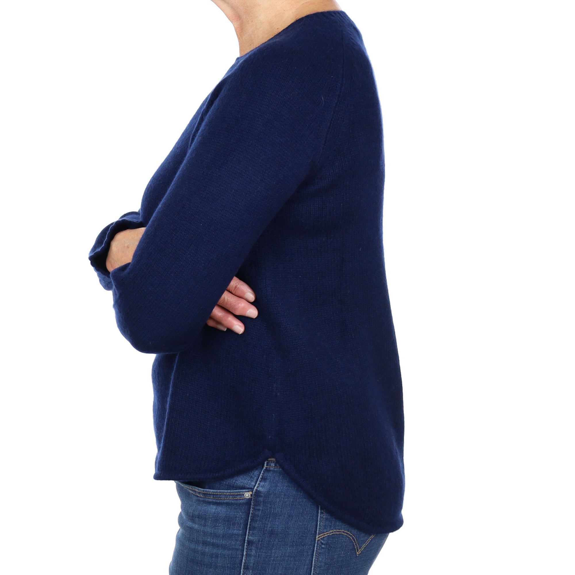 Navy Cashmere Scooped Hem Crew Neck Jumper Medium