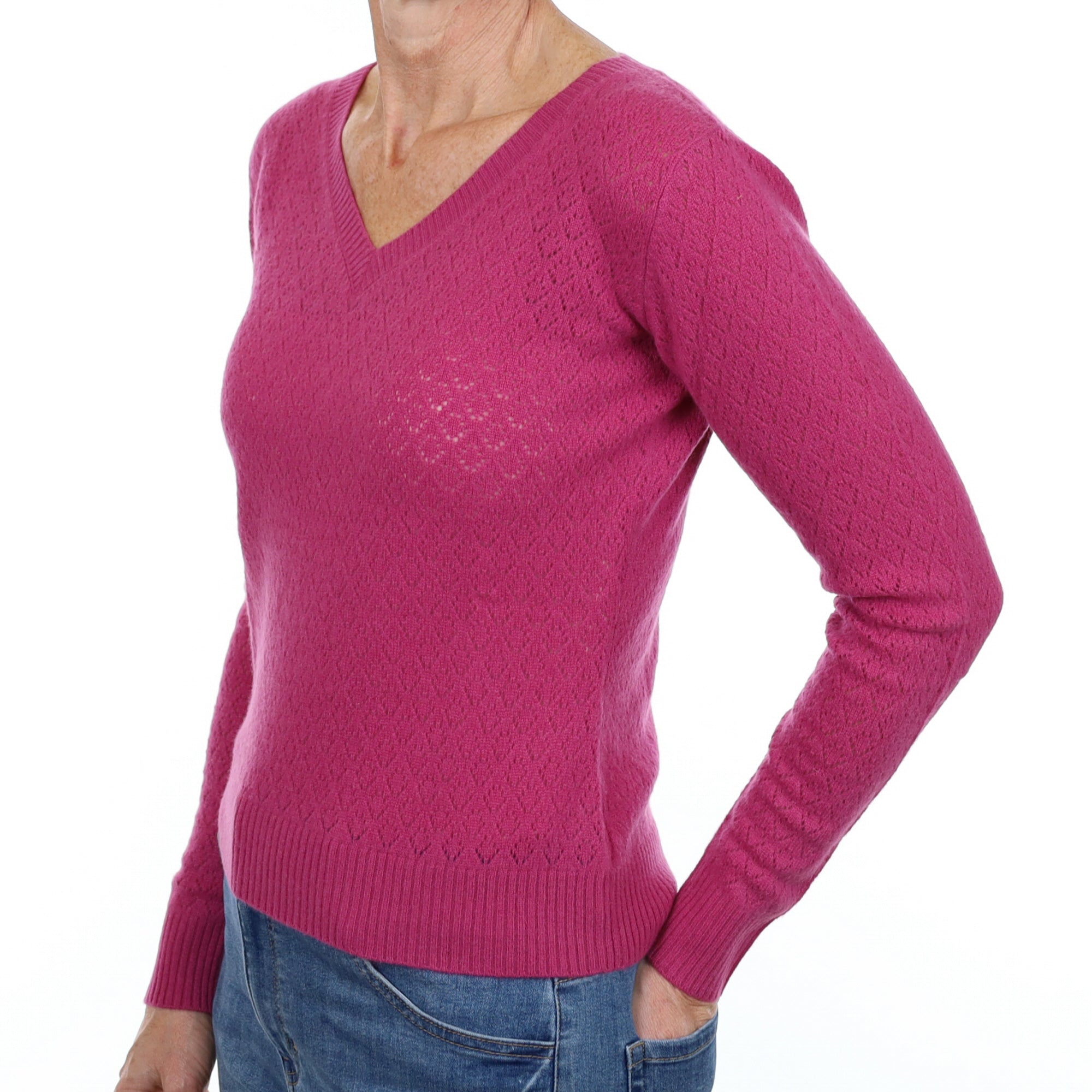 New Raspberry Pink Cashmere V Neck Lace Knit Jumper Small