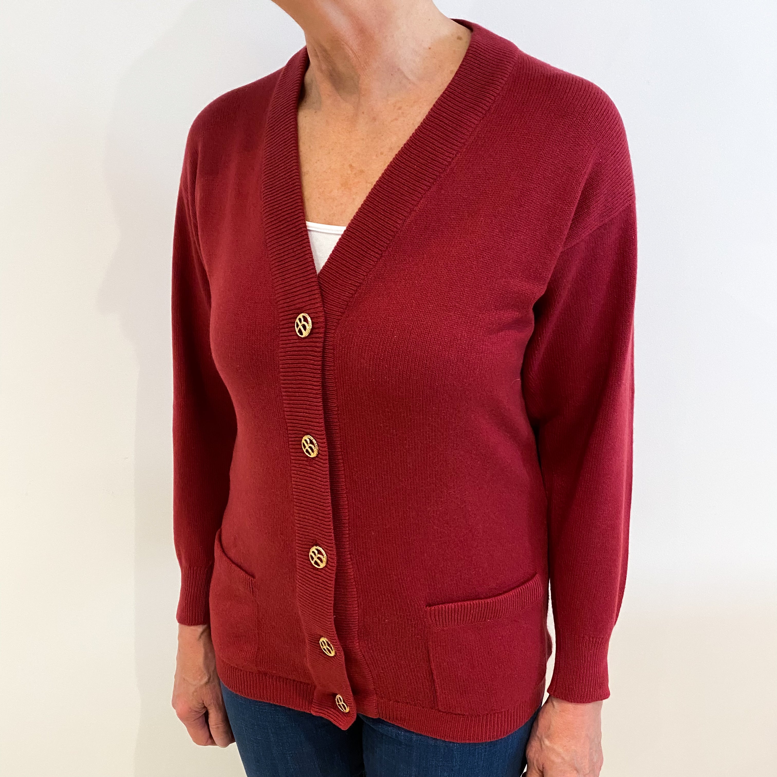 Vintage Maroon Red Cashmere V Neck Cardigan with Pockets Medium