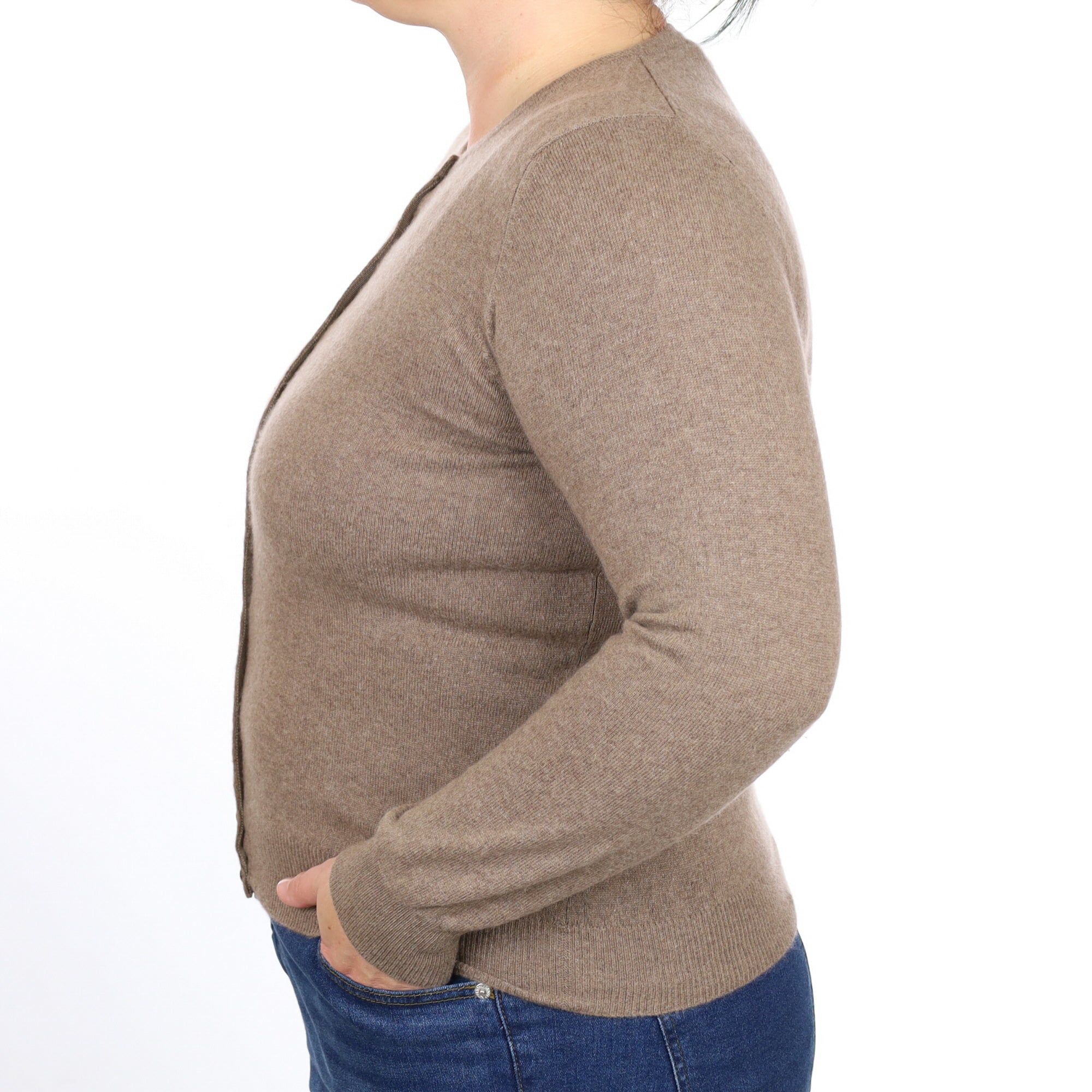 Taupe Brown Cashmere Crew Neck Cardigan Large