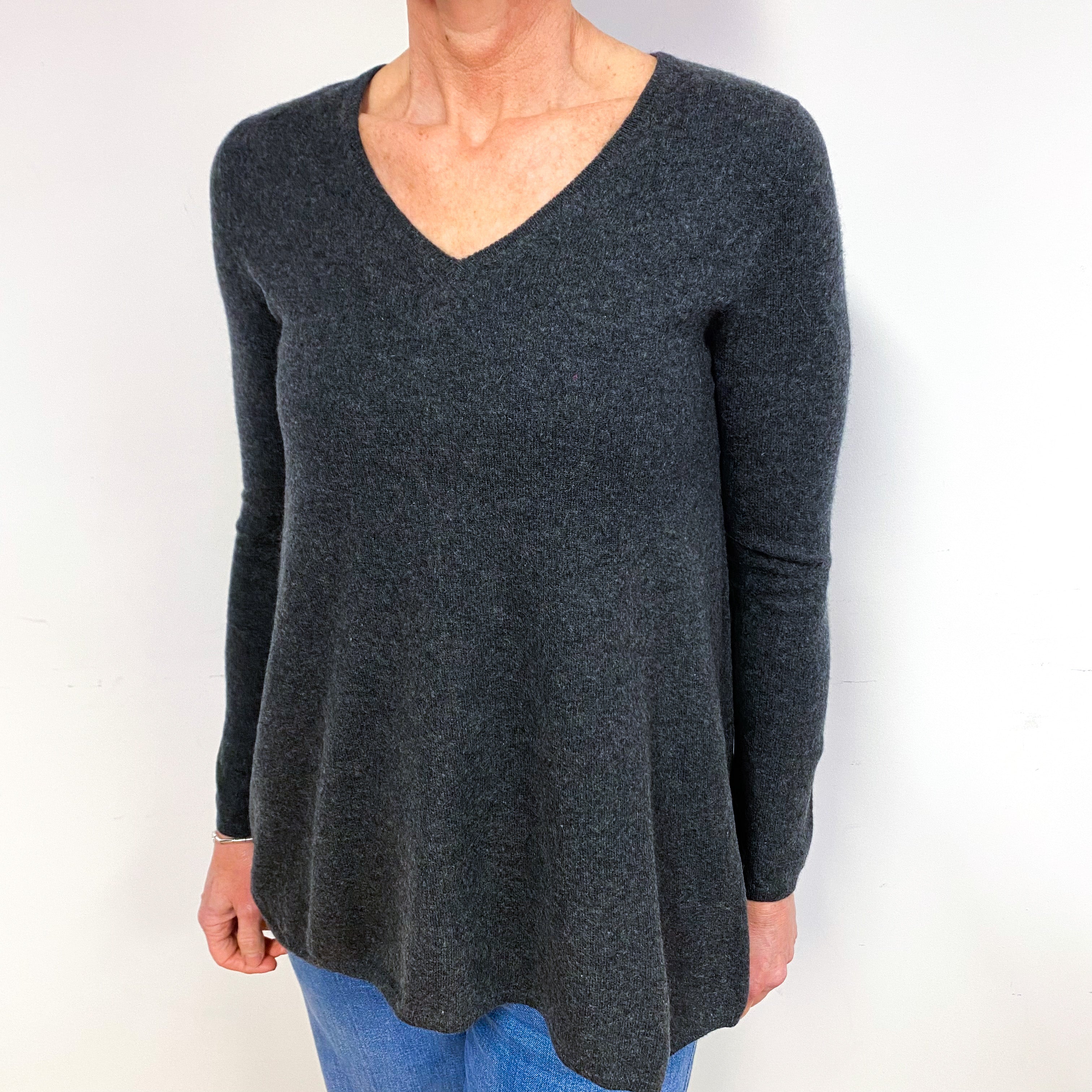 Slate Grey A-Line Cashmere V-Neck Jumper Medium